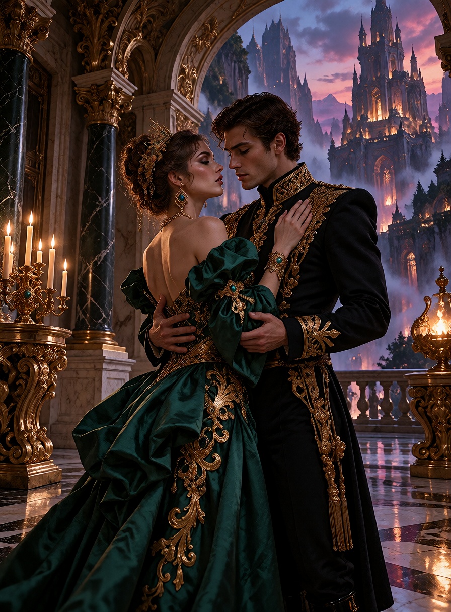 A beautiful young woman in an extravagant emerald silk gown embraces a handsome man wearing a dark high-collared uniform o...