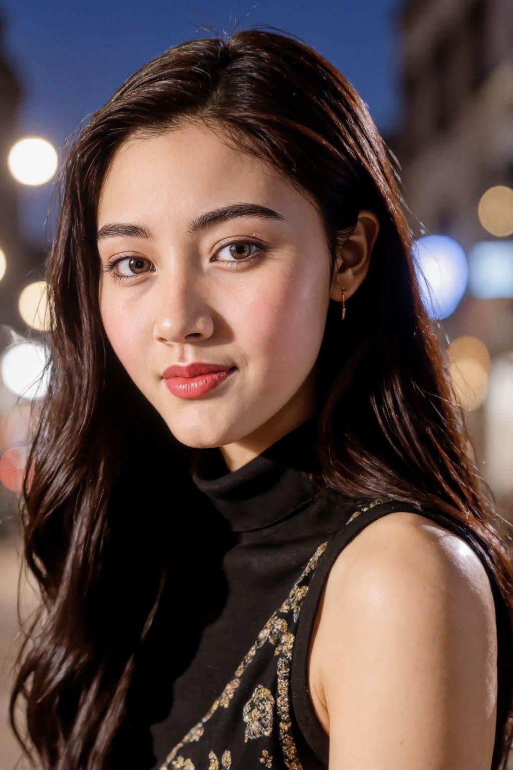 hyperrealistic portrait, young woman 20-year-old, with long hair. Soft light pink blush on cheeks, smirk and rosy lips. Wearing a sleeveless turtleneck sweater. Elegant and fashion-forward aesthetic. Slightly pensive, thoughtful expression. She gazes towards the viewer. Urban nighttime cityscape background, blurred and out of focus. Street lights and building facades visible. Evening lighting casts a soft glow on her face and dress. Smooth, flowing hair, smooth skin texture. Slight shallow depth of field, focusing on subject, blurred urban background.  Portrait style, close-up, with a soft, slightly low-angle perspective.  Romantic, dreamy, and delicate mood.  Contemporary fashion style, art aesthetic, natural lighting.  <lora:girlslikeflux_ljx:0.8>
