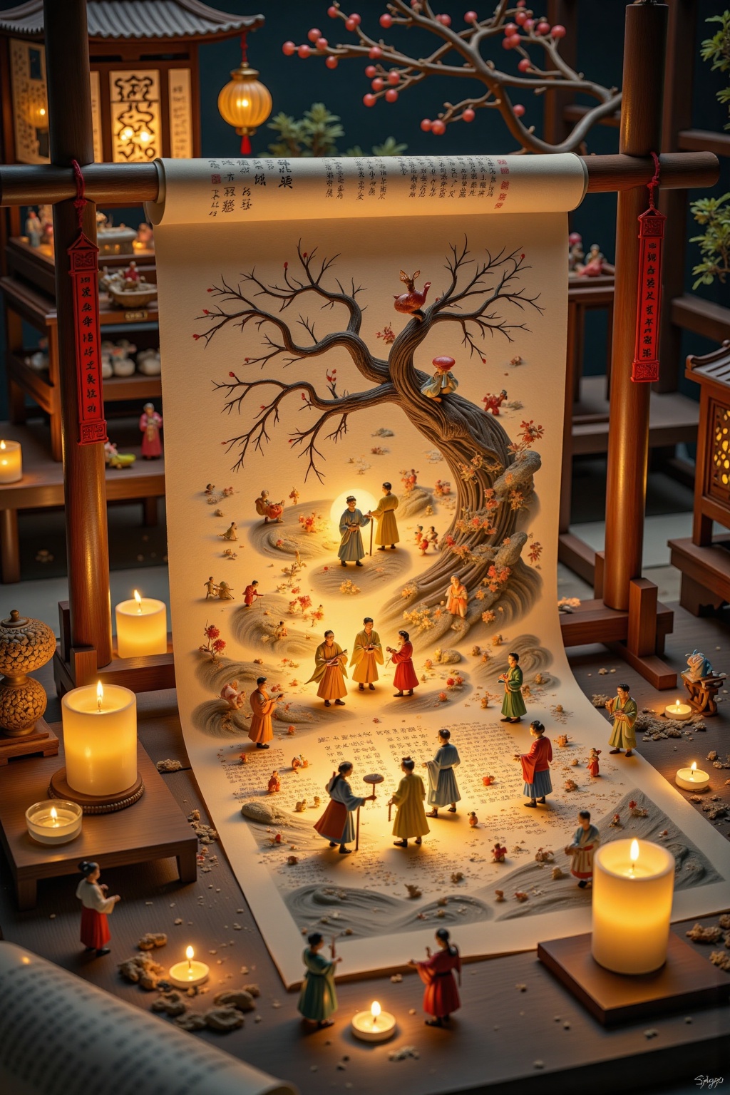 A work of art that combines ancient poetry and character scenes,where two ancient people travel into a painting and walk and talk under candlelight, The scroll is engraved with ancient poetry lines,combining Chinese style elements with realistic techniques to showcase the charm of Eastern aesthetics. A large paper tube is used as the visual center,surrounded by small dolls and candles to create an atmosphere,and lighting is used to illuminate specific areas,creating variations in depth and depth,