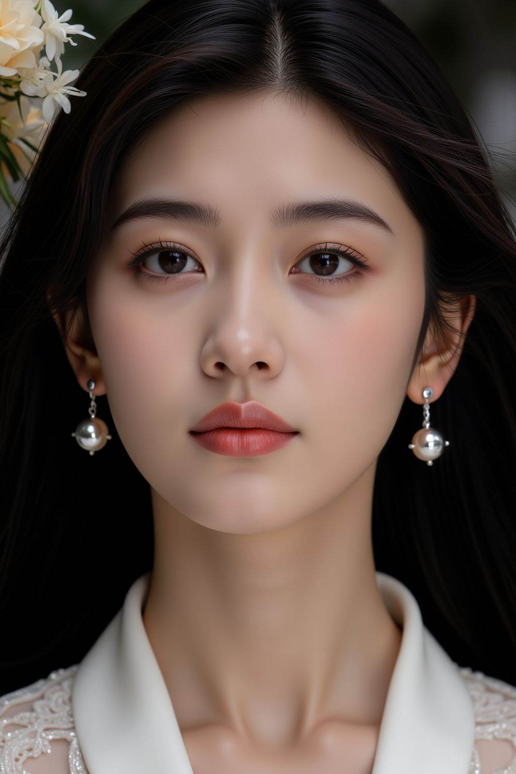 <lora:20250518_AgainCharactersF1Lora:1>, 1girl, solo, long hair, looking at viewer, black hair, jewelry, upper body, flower, earrings, parted lips, blurry, black eyes, lips, realistic, realistic skin,