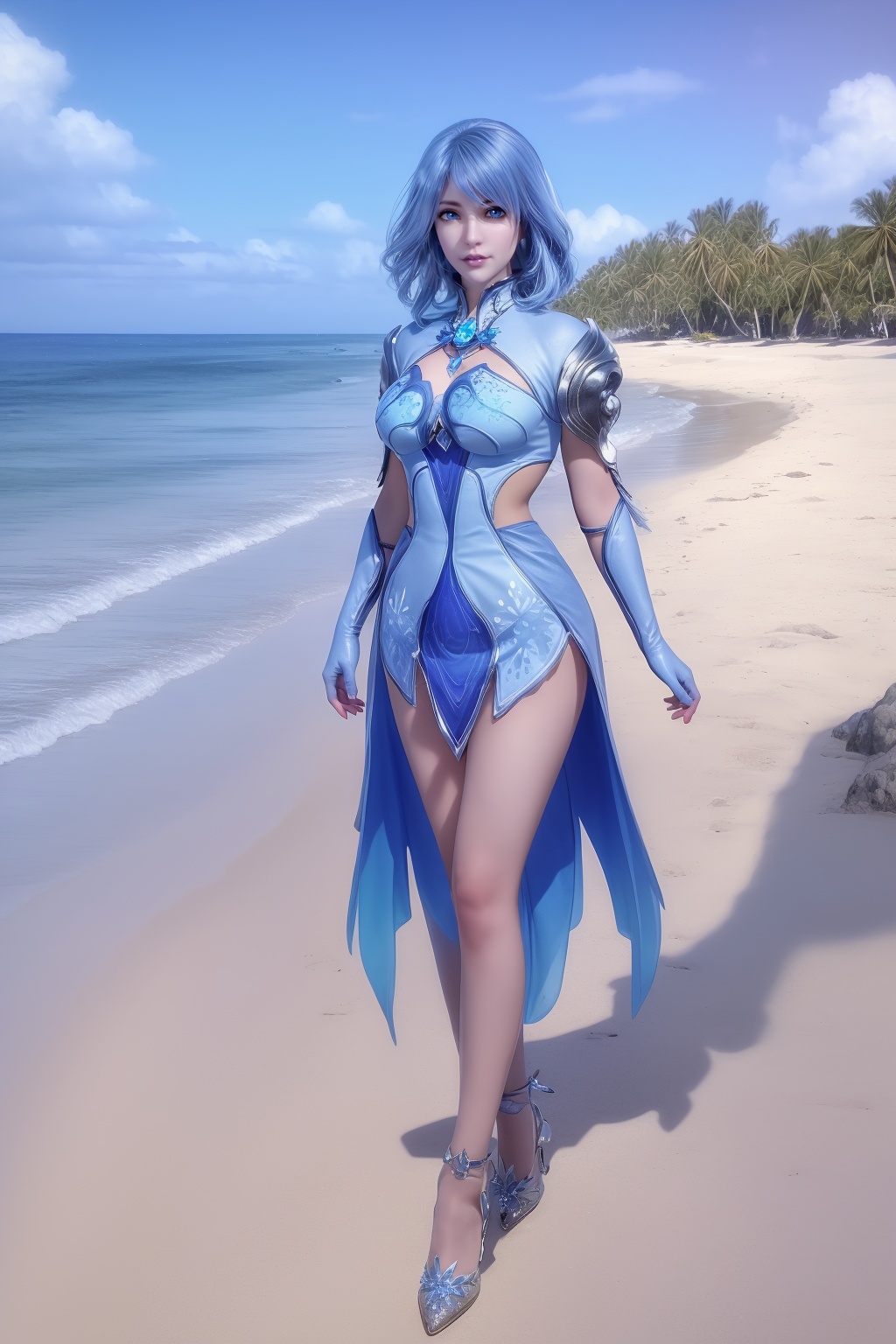 photo_\(medium\),(8k, RAW photo, best_quality),(masterpiece:1.2),(realistic:1.2),(photorealistic:1.3),(ultra-detailed),(extremely_detailed_cg_8k_wallpaper),(crystal_texture_skin:1.3),(shiny:1.2),(shiny_skin:1.4),(extremely_delicate_and_beautiful),Summer,Beach,Sea,sunshine,shenfengShuiBing,1girl,solo,torogao,short dress,blue dress,armor,blue hair,blue theme,blue gloves,single legwear,asymmetrical legwear,short hair,charm,breasts,large breasts,standing,jewelry,hair ornament,lips,realistic,looking at viewer,high heels,<lora:shenfengShuiBingEr_20240510074913-000007:0.7>,