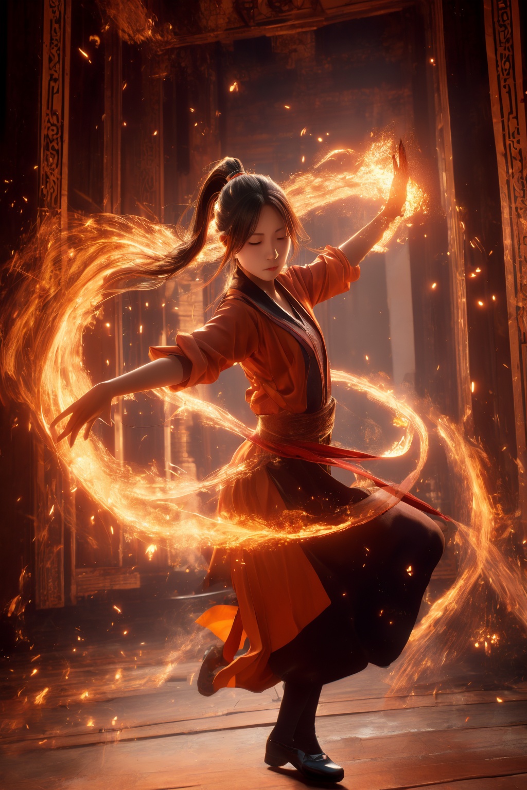 orang-aura,using orang-magic,orang-magic,ancient-costume,dancing,solo,1girl,fire,long hair,ponytail,<lora:magic_fighting_768:0.8>,