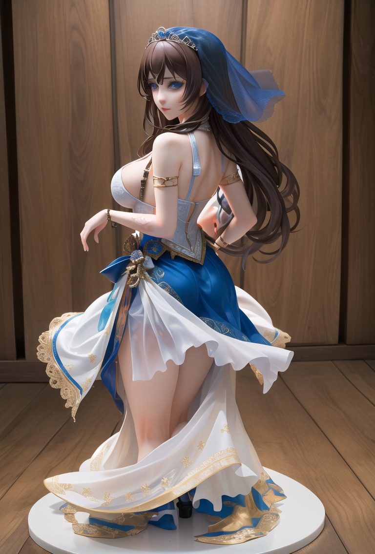 (best quality:1.5),(masterpiece:1.5),intricate detail,great textures,ultra high res,photorealistic,realistic,killer,PVC figure,1girl,solo,blue eyes,long hair,tiara,breasts,veil,ass,brown hair,looking at viewer,blush,silcoon,white skirt,<lora:killer手办模型-000006:0.8>,
