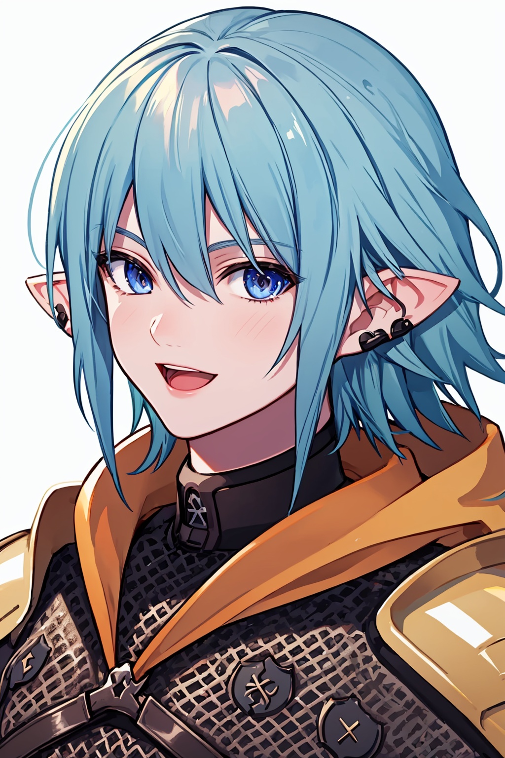 masterpiece,best quality, highly detailed, haurchefant greystone,solo,1boy,elezen,male focus,smile,looking at viewer,upper body,earclip,simple background,pauldrons,white background,open mouth,<lora:haurchefant_greystone:1>