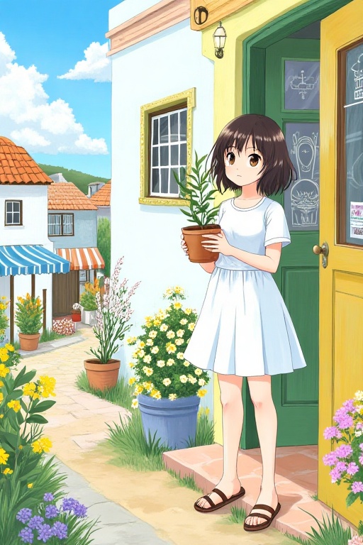 1girl,plant,solo,potted plant,dress,sandals,outdoors,white dress,short hair,building,day,brown hair,window,sky,holding,scenery,short sleeves,house,standing,flower pot,door,black hair,cloud,traditional media,