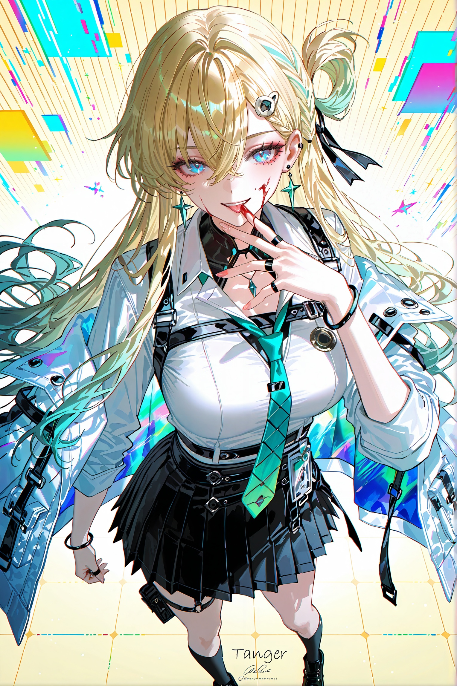 8k,best quality,masterpiece,(ultra-detailed),(high detailed skin),artist:john kafka,(artist:wanke:0.9),artist:fuzichoco,artist:quasarcake,(artist:nixeu:0.8),(1girl:1.2),upper body,light grin,chromatic aberration,cyberpunk,licking finger,glitch lump on face,lens_flare,colorful,chromatic aberration,dynamic pov,Chromatic Aberration,Glitch lettering,abstract art,(clear lines:1.1),(squares:1.1),bright,limited palette,canonical composition,(neat diagonal striped background:1.2),(Light Yellow background:1.1),ultra-detailed,film grain,geometry stripe,genderswap,blood on face,<lora:Lynae-noob-Tanger:0.8>,Lynae \(Wuthering Waves\),clothes: lynae def suit,1girl,jewelry,socks,long hair,necktie,earrings,bracelet,pleated skirt,blonde hair,black footwear,ring,white collared shirt,black skirt,hair ornament,blue eyes,bangs,shoes,black socks,thigh strap,breasts,jacket cape,standing,