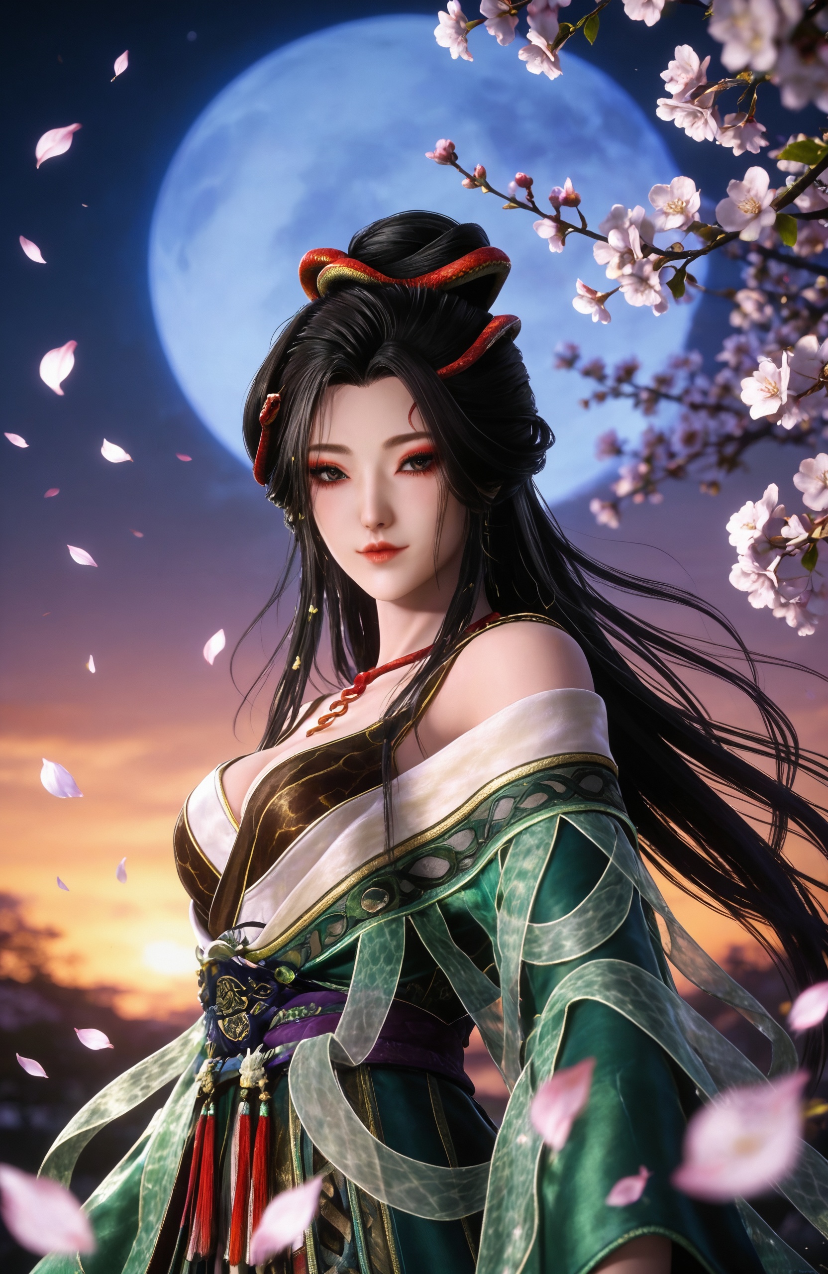 <lora:牧神记-龙娇男Pony:0.8> 1girl,solo, long hair, black hair, hair ornament, hair bun,necklace, bare shoulders, chinese clothes, breasts, green dress, off shoulder, sash,, masterpiece,best quality,solo,1girl,upper body,petals,looking at viewer,moon,branch,cherry blossoms,flower,extreme aesthetic,(quasarcake:0.7),masterpiece,best quality,good quality,newest,very aesthetic,absurdres,A shot with tension,(Visual impact,giving the poster a dynamic and visually striking appearance:1.2),impactful picture,offcial art,colorful,splash of color,movie perspective,