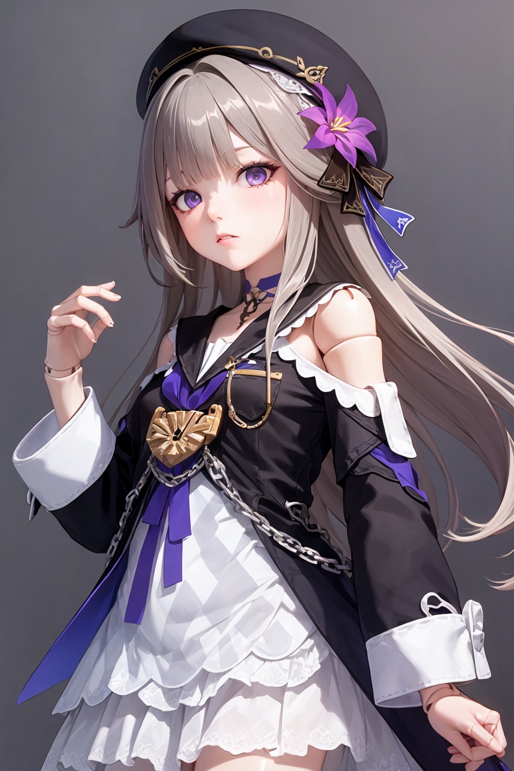 masterpiece, best quality,  <lora:herta:1>,joints, doll joints, 1girl, solo,beret,long hair,grey hair,hair ornament, hair flower,  purple eyes,choker,bare shoulders,shoulder cutout, dress, long sleeves,ribbon, chain,cowboy shot, grey background, expressionless, 