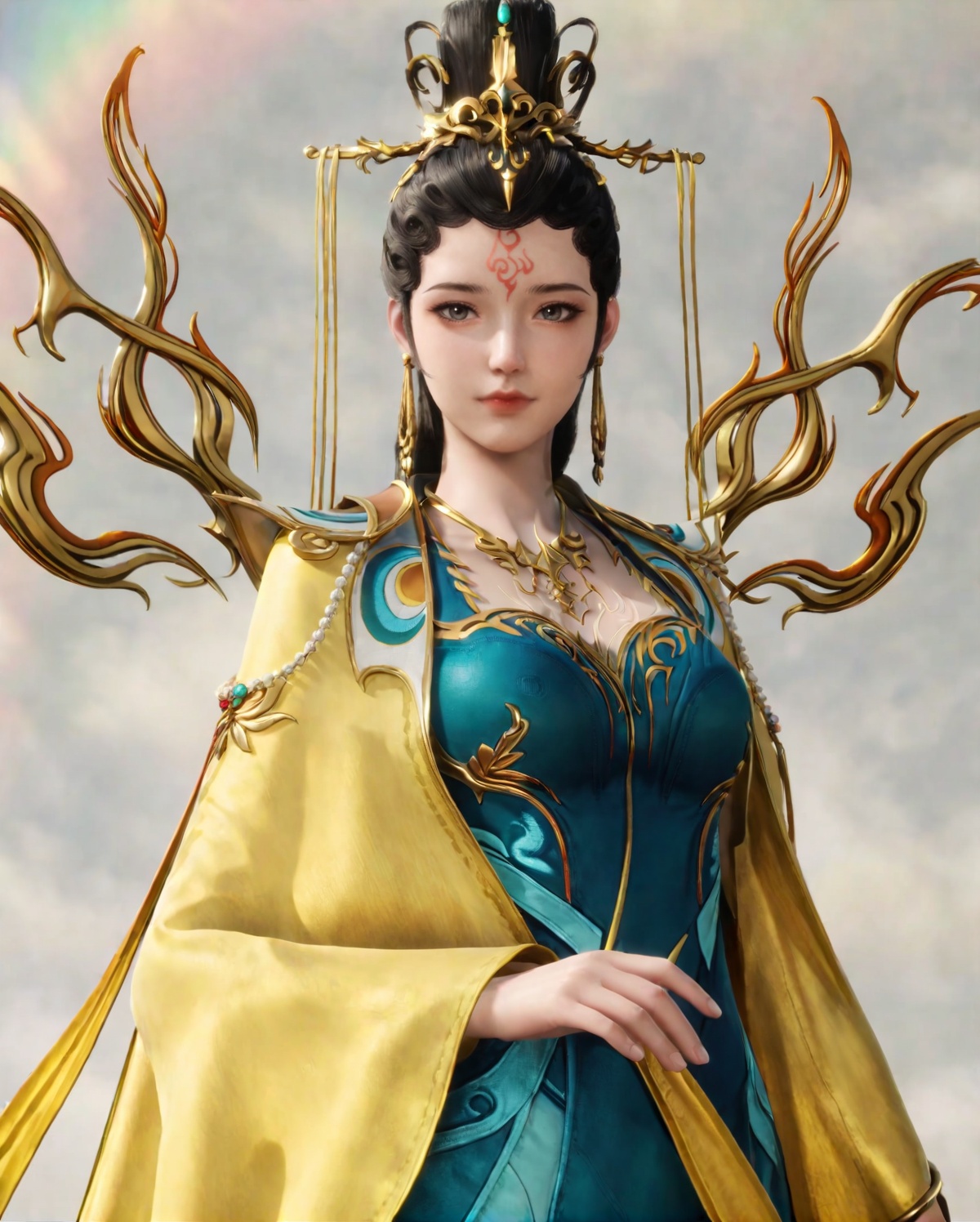 score_9,<lora:SF_NvWa_Pony_Realism-000003:0.7>,black hair,long hair,DarkCyan dress,1girl,solo,flower,earrings,forehead mark,yellow cape,branch,hair ornament,standing,looking at viewer,cowboy_shot,