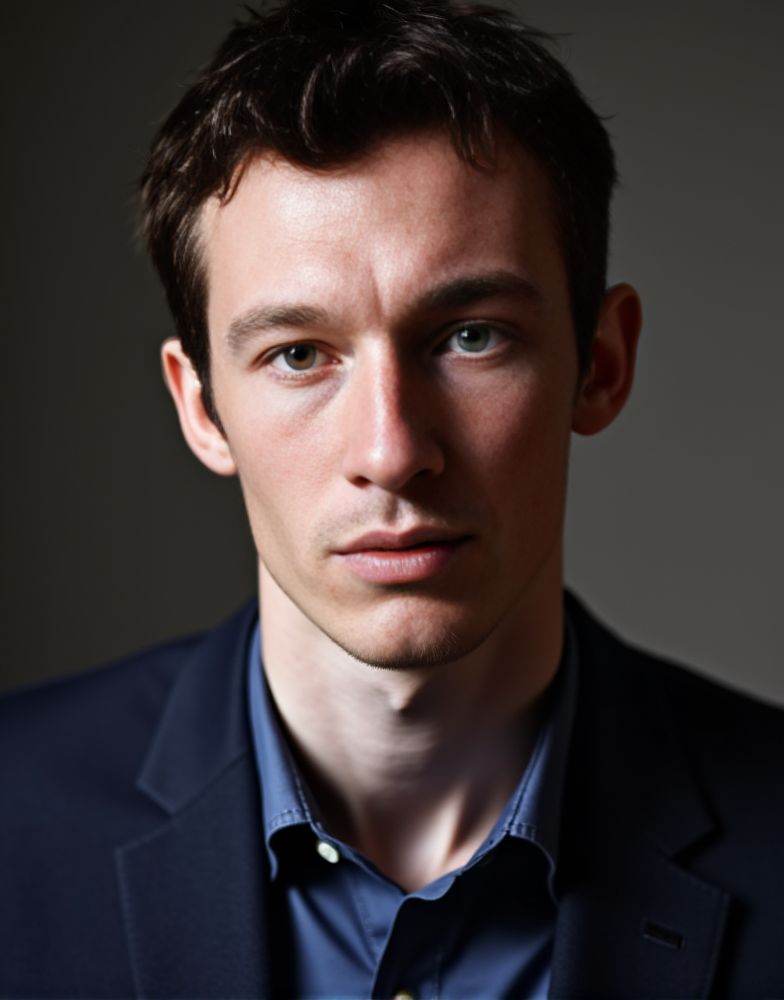 Callum Turner ,  masterpiece. best quality .extreme detailed. An iphone photo. male. ( wearing navy suit. blue shirt . loo...