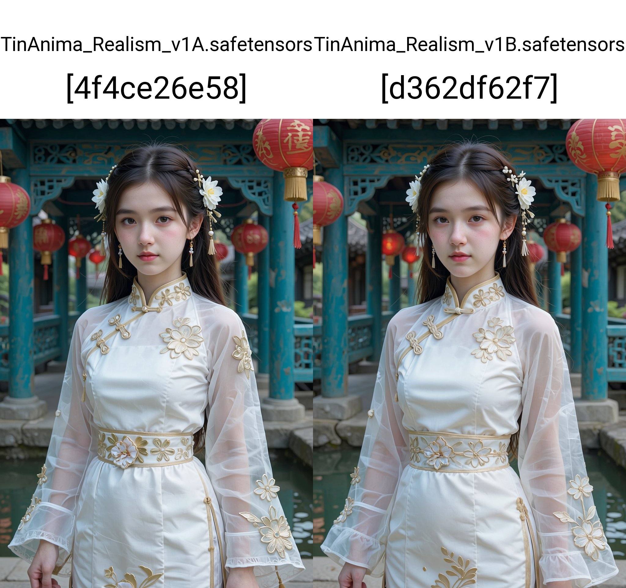 A photograph of a young Asian woman with fair skin,  long dark hair adorned with white flowers,  and delicate facial featu...