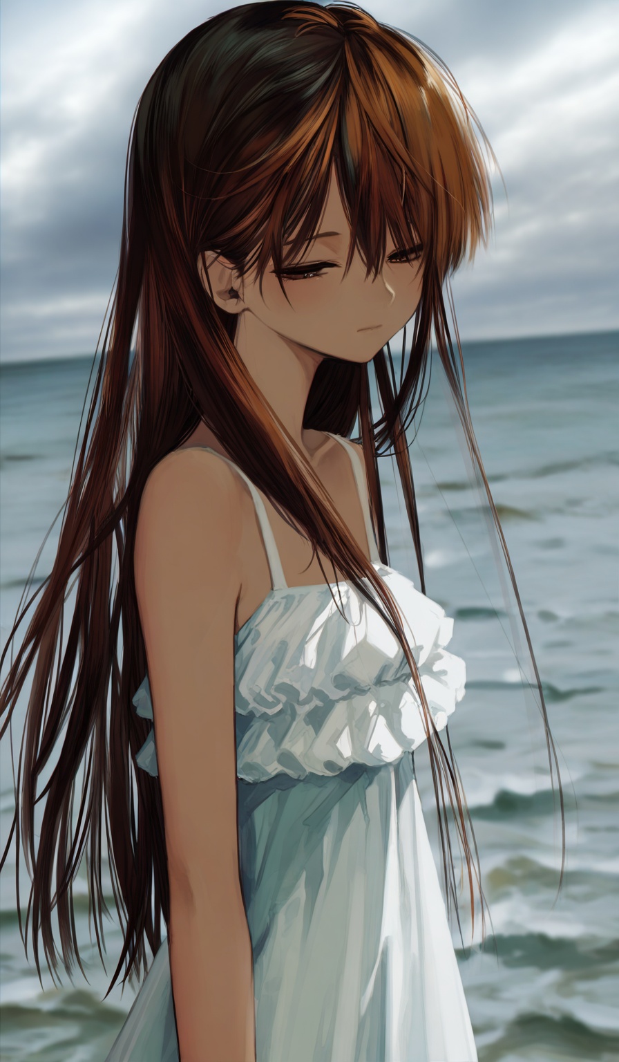 <lora:HonnryouHanaru-Style>,highres,absurdres,newest,very awa,masterpiece,best quality,year 2024,(upper body:1.6),1girl, solo, long hair, dress, white dress, outdoors, brown hair, upper body, sky, ocean, collarbone, sleeveless dress, cloud, half-closed eyes, sleeveless, bare shoulders, closed mouth, frills, brown eyes, blurry, blurry background, day, looking down, expressionless, water, looking at viewer, horizon, hair between eyes, frilled dress, arms at sides, cloudy sky