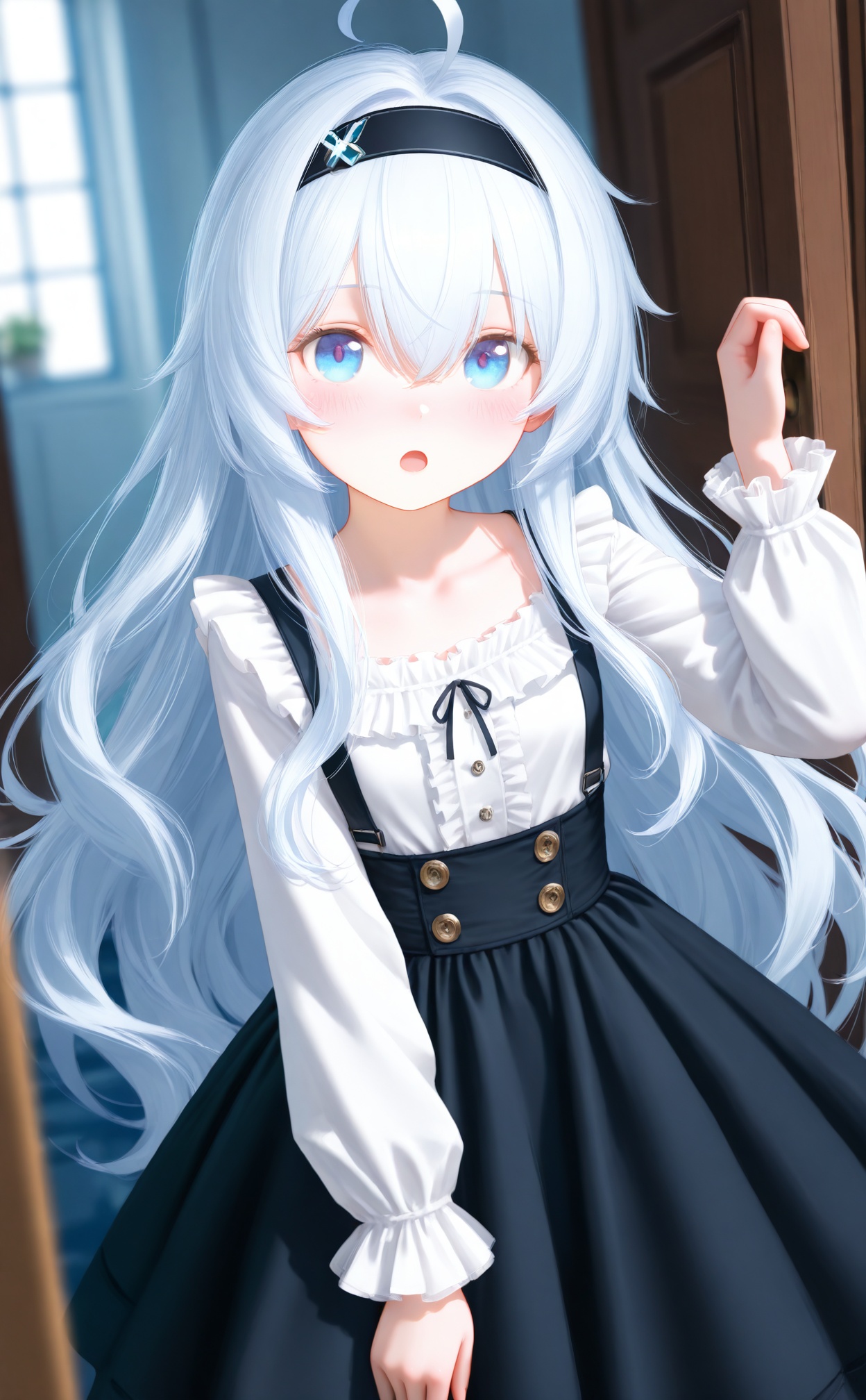 masterpiece,very aware,highres,absurdres,newest,best quality,high quality,loli,petite,chromatic_aberration,Light Blue Theme,//,1girl,solo,long hair,skirt,hair between eyes,shirt,indoors,blurry background,white shirt,hairband,white hair,long sleeves,blue eyes,looking at viewer,blurry,open mouth,very long hair,blush,dutch angle,frills,black hairband,black skirt,door,center frills,collarbone,\:o,breasts,ahoge,high-waist skirt,depth of field,window,//,//official art,depth of field,detailed light,blurry background,best shadow,shiny skin,cinematic lighting,ray tracing,amazing quality,very aesthetic,absurdres,beast quality,ultra detailed,newest,8K,HDR,