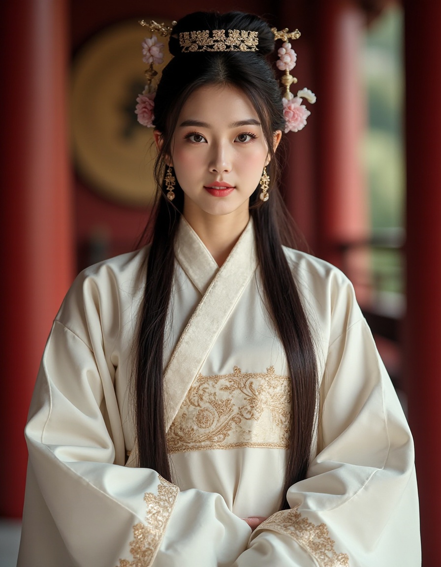 Portrait realistic photography under the sense of atmosphere,in the gorgeous palace,martial arts style,cool Chinese beauty,long hair,gorgeous hair accessories,white gorgeous robes,golden patterns on clothes,whole body,