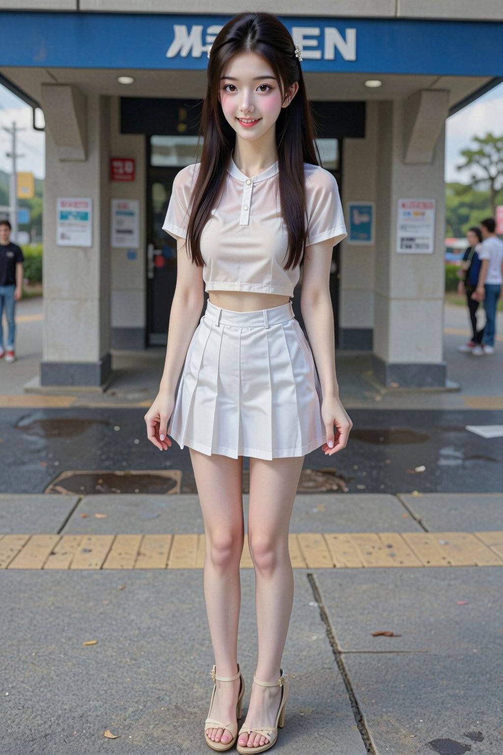 The photo shows a young East Asian woman with fair skin,  long black hair,  wearing a light-colored top and a white pleate...