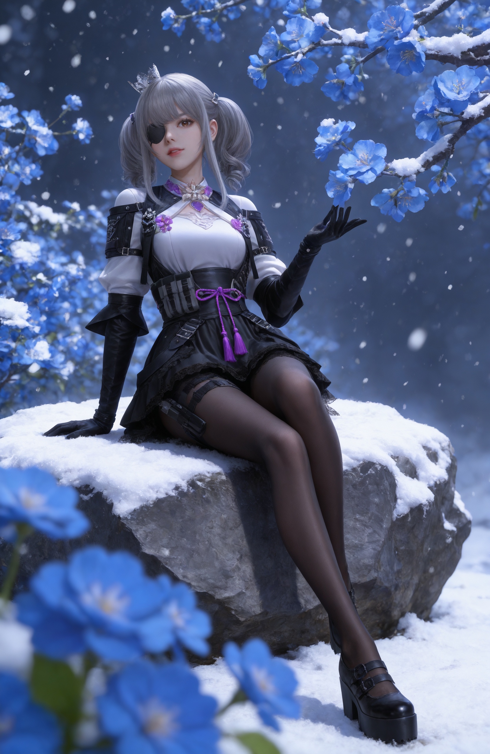 Nai3 style,realistic style photo,outstanding style,Use soft lighting to cast gentle shadows on the subject,adding a touch of dimension to your images without compromising details,whirls of vapor,(Anime:1.1),soft neon light,ethereal ambiance,delicate details,magical atmosphere,concept art,highly detailed,ultra-high resolution,32K UHD,sharp focus,best-quality,masterpiece,golden hour,unconventional supreme masterpiece,masterful details,temperate atmosphere,with a high-end texture,in the style of fashion photography,magazine style,Dynamic Angle,Dynamic posture,magazine style,Dynamic Angle,Dynamic posture,(cowboy_shot:1.2),eye trail,depth of field,cinematic lighting,lens flare,close-up,extreme aesthetic,(wlop:0.6),(honjou raita,lack,rella,wanke:0.5),masterpiece,best quality,good quality,newest,year 2025,very aesthetic,absurdres,Visual impact,A shot with tension,ultra-high resolution,32K UHD,sharp focus,best-quality,masterpiece,Emotionalization,unconventional supreme masterpiece,masterful details,temperate atmosphere,with a high-end texture,in the style of fashion photography,(Visual impact:1.2),giving the poster a dynamic and visually striking appearance, <lora:CF-关小羽v2-IL:0.7> 1girl, twintails, grey hair, drill hair,crown, brown eyes, eyepatch, black gloves,  elbow gloves,white shirt,bow,black skirt, lace trim,black pantyhose, thigh strap, holster,black footwear,snowing, rock,,blurry,sitting,full body,arm support,blue flower,snowflakes