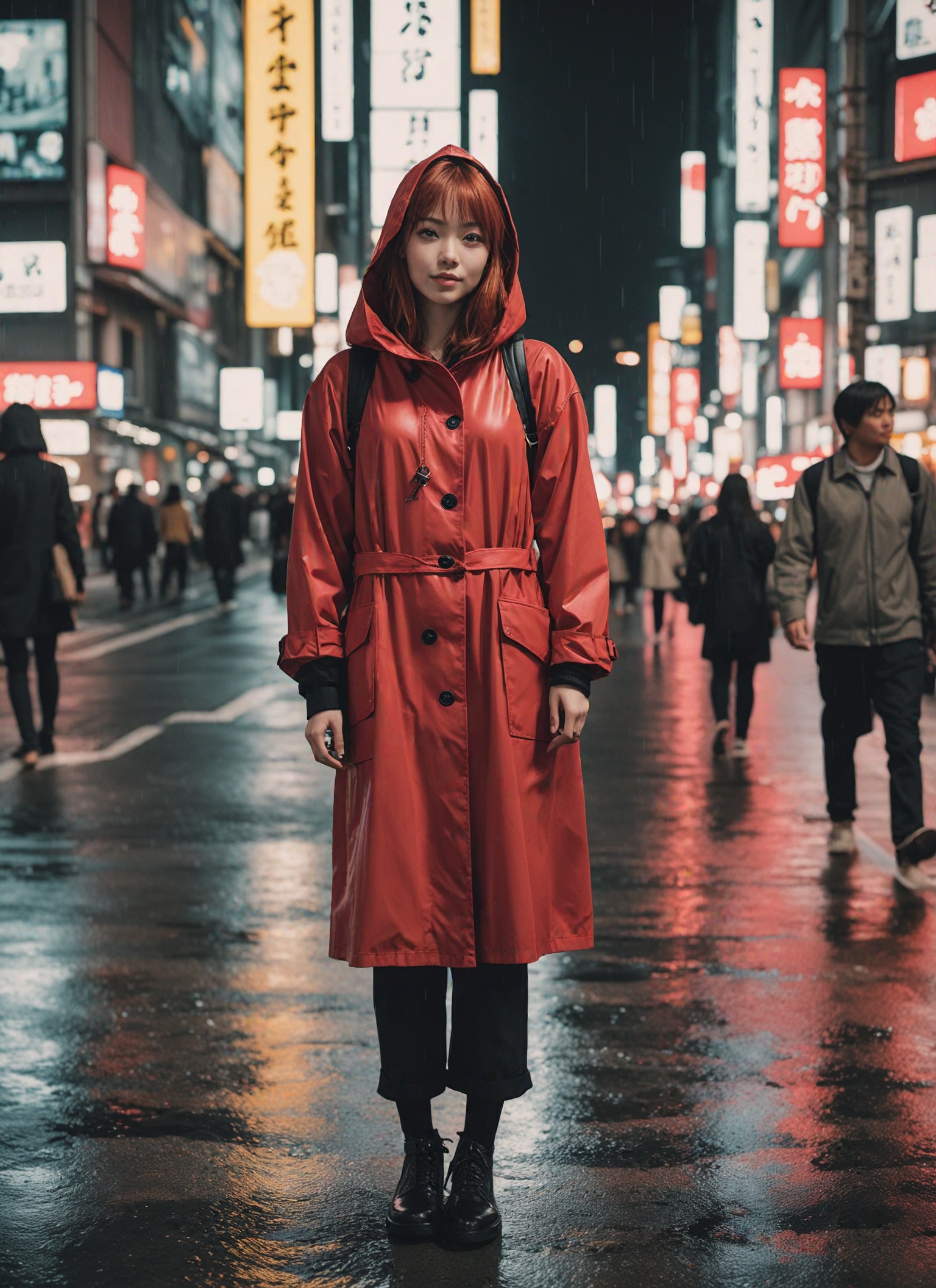 8k photo portrait of a redhead woman in a red raincoat,  at a bustling crosswalk in shibuya at night,  highly detailed on...