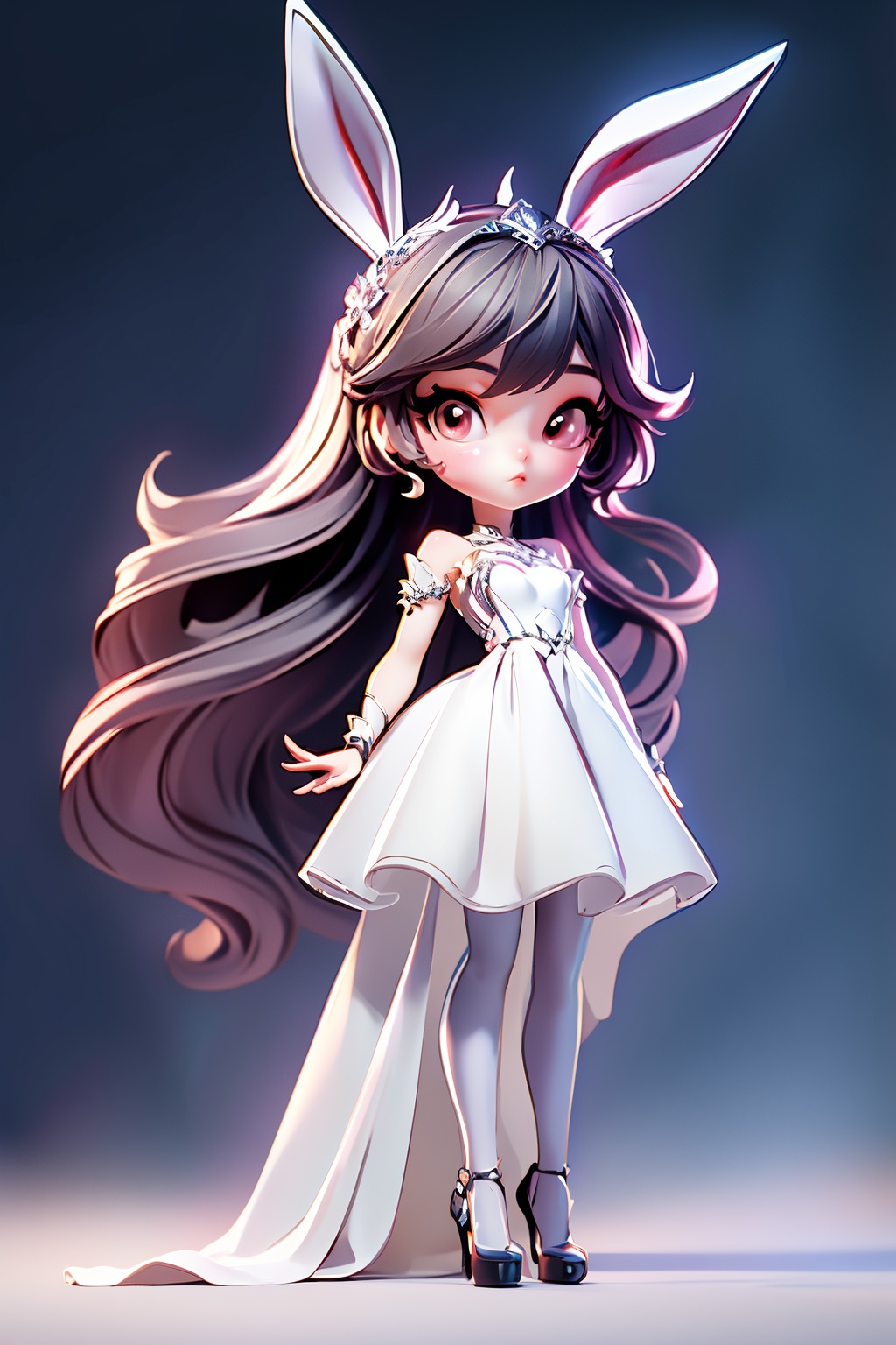 (8k, RAW photo, best quality, masterpiece:1.2),(super realistic, photo-realistic:1.3),ultra-detailed,extremely detailed cg 8k wallpaper,hatching (texture),skin gloss,light persona,(crystalstexture skin:1.2),(extremely delicate and beautiful),moonlight,black pantyhose,1girl,solo,very long hair,rabbit ears,animal ears,bare shoulders,pink_dress,white_dress,long dress,red_eyes,(full body:1.6),xwhd,looking at viewer,<lora:1030xw:0.8>,