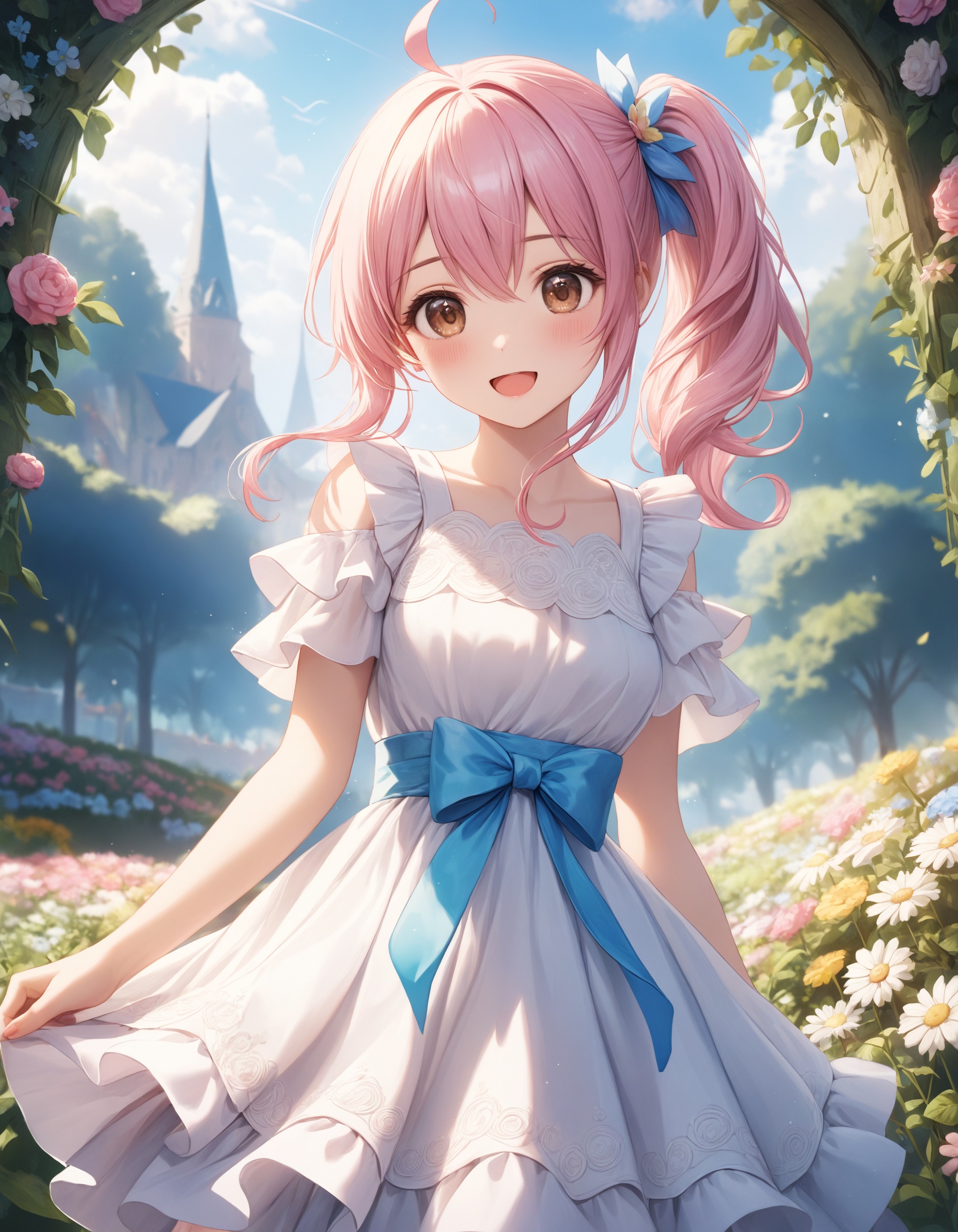 Portrait. Shooting from front. A cute girl. Round face. Detailed brown eyes. Tareme. Wavy hair,  ,  pale pink hair on Tens...