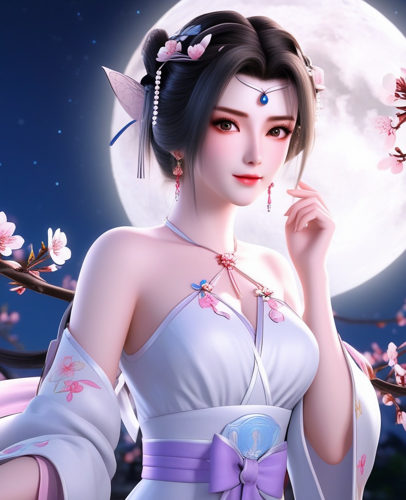 <lora:604-DA-XL-星辰变-姜立V2-新衣:0.8>(,1girl, ,best quality, ),looking at viewer,  ,ultra detailed background,ultra detailed background,ultra realistic 8k cg,, ,masterpiece, (( , )),, ,   ,   cure blossom, full moon,night,night sky,  (cleavage), (), ,,