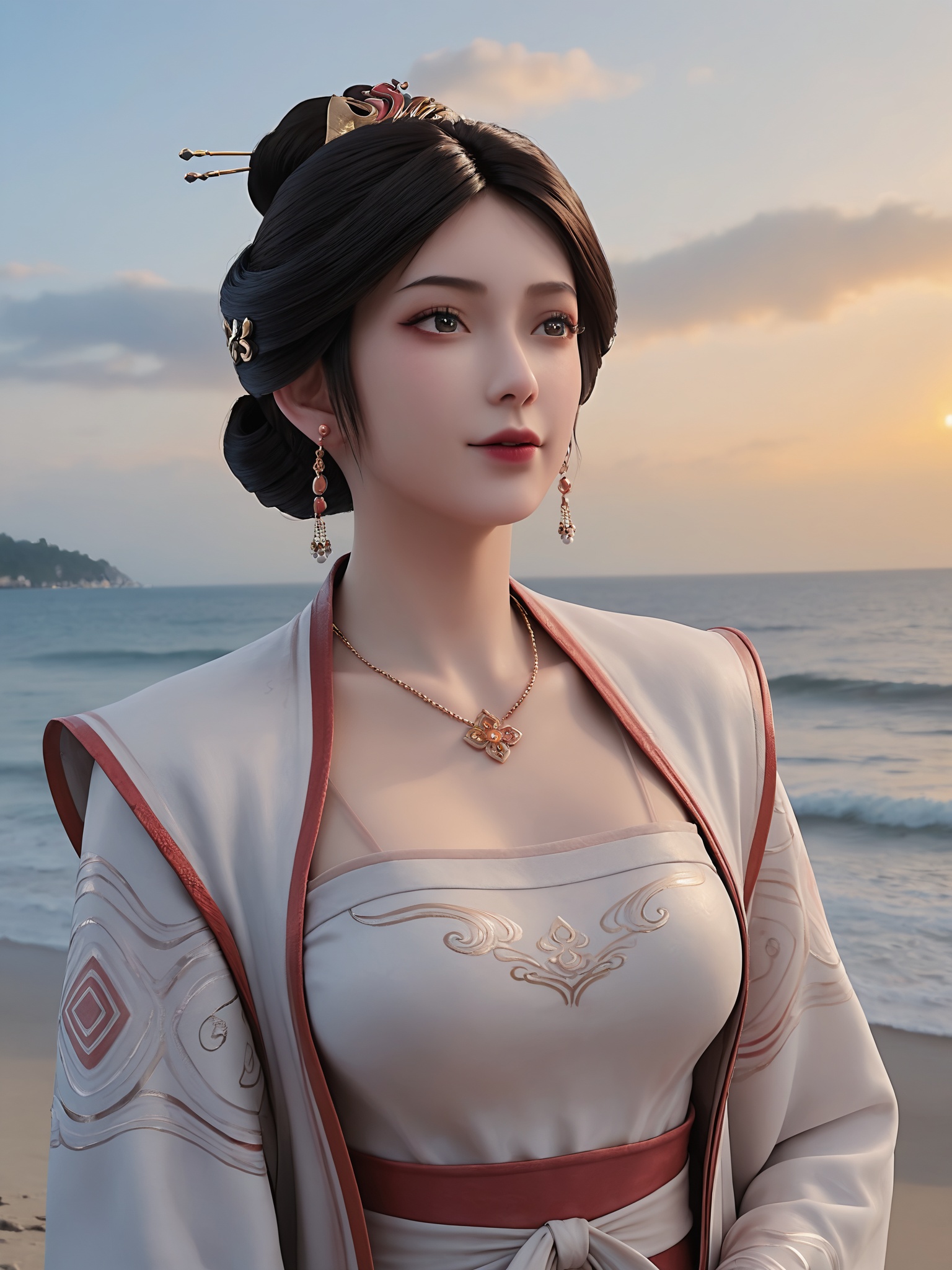 realistic style photo outstanding style,tall,cute,in her teens. Use soft lighting to cast gentle shadows on the subject,adding a touch of dimension to your images without compromising details,score_9,Seaside,beach,waves,<lora:剑来-许氏Pony:0.6>,dark hair styled in an elaborate updo adorned with golden hairpins,a traditional East Asian style,featuring a white robe with intricate embroidery and a deep red,high-necked bodice.She wears a golden necklace and earrings.,