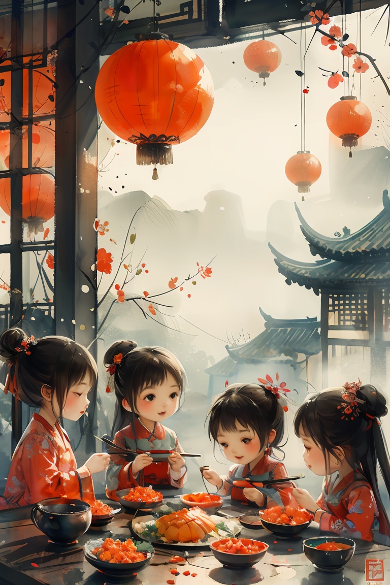 masterpiece,best quality,colorful inkpainting, new year, lantern, multiple girls, hair ornament, hair bun, chinese clothes, food, child, flower, east asian architecture, architecture <lora:colorful-inkpainting-000016:0.8>,