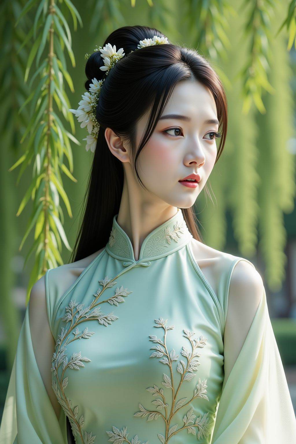 This is a photograph of a young woman with fair skin, long black hair styled in an elegant updo adorned with small white flowers. She wears a light green, intricately embroidered traditional Chinese cheongsam with sheer, flowing sleeves. Her expression is serene and contemplative as she gazes slightly to the right. The background features lush, green willow branches hanging down, creating a natural, serene atmosphere. The soft lighting enhances the ethereal quality of the scene.