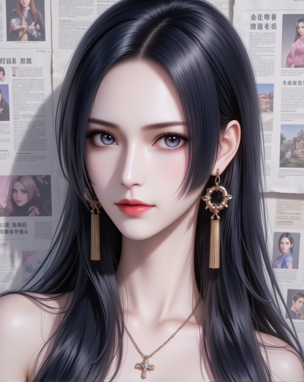 <lora:柳二龙·百搭款6:1.2>,liuerlong,1girl,solo,long hair,looking at viewer,black hair,jewelry,earrings,red lips,lips,black eyes,cover,gradient background,close-up details,outstanding style,adding a touch of dimension to your images without compromising details,close-up,<lora:DJ滤镜_2.5D版:0.4>,lvjing,<lora:油画唯美滤镜15:0.2>,baoshi,<lora:报纸背景·5:0.4>,baozhi,paper,newspaper,the newspaper wall,newspaper background,