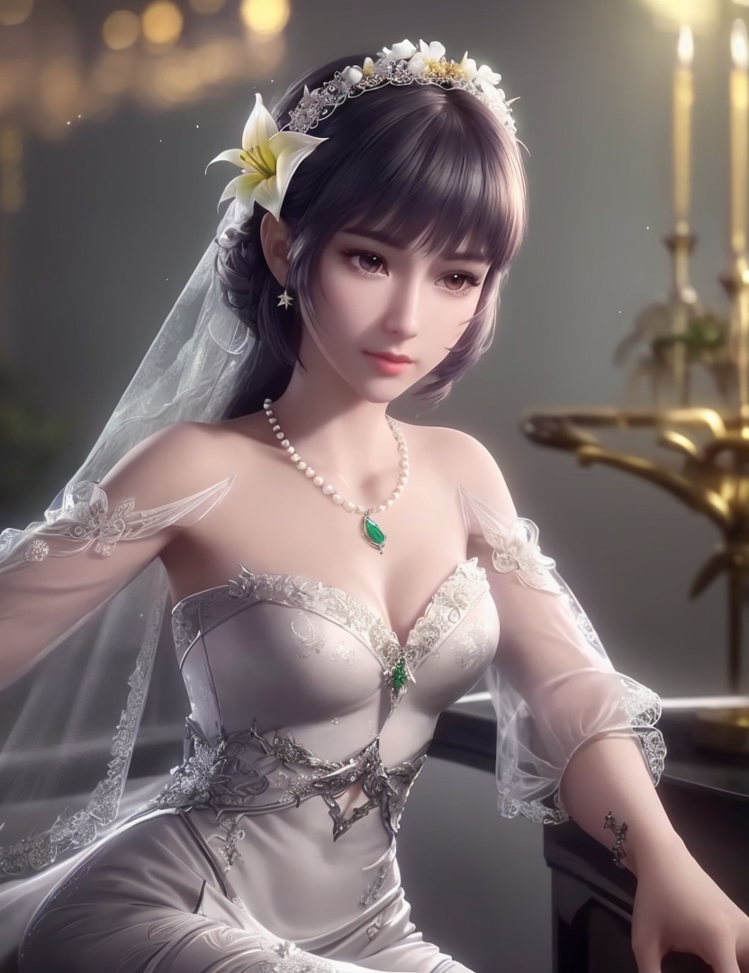 ultra realistic 8k cg, picture-perfect face, flawless, clean, masterpiece, professional artwork, famous artwork, cinematic lighting, cinematic bloom, perfect face, beautiful face, fantasy, dreamlike, unreal, science fiction,   lace, lace trim, lace-trimmed legwear,  (rich:1.4), prestige, luxury, jewelry, diamond, gold, pearl, gem, sapphire, ruby, emerald, intricate detail, delicate pattern, charming, alluring, seductive, erotic, enchanting, hair ornament, necklace, earrings, bracelet, armlet,halo((,1girl, pov,))  ((, 1girl, solo, star_\(symbol\),lily \(flower\),hair flower, wedding dress, jewelry))<lora:DA_BaiChenXiang:0.6>