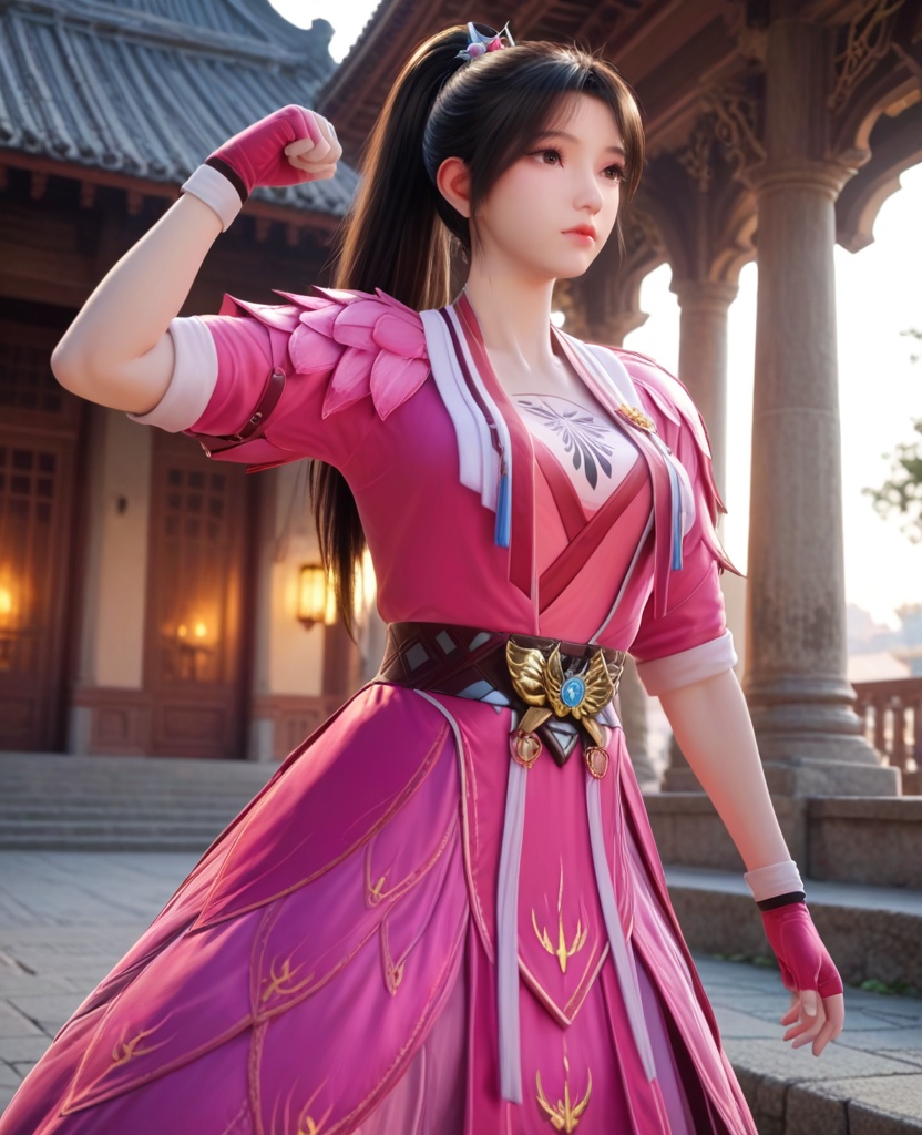(oriental architecture, elegant decor, sophisticated style:1.1),(Super Strength Pose, Flexing muscles with a determined look, ready to showcase incredible strength,:1.1),(breasts:1.2),<lora:XL修罗武神苏美:0.95>,miss sumei,pink dress,undies,belt,brown eyes,black hair,ponytail,clothing patterns,fingerless gloves,elastic pants,, score_9,score_8_up,score_7_up,score_6_up,score_5_up,score_4_up,3d rendering,tag1,tag2, Cinematic Lighting,backlighting,