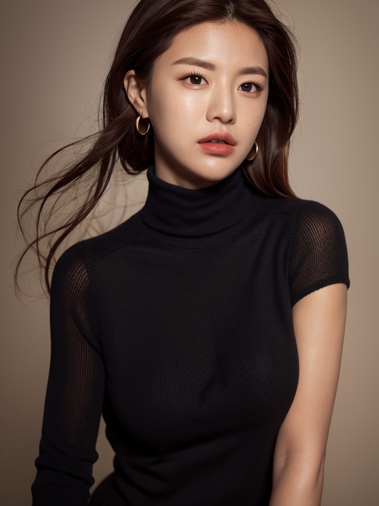 1girl,jewelry,solo,earrings,realistic,long hair,black hair,looking at viewer,brown hair,brown eyes,lips,mole,black turtleneck sweater,