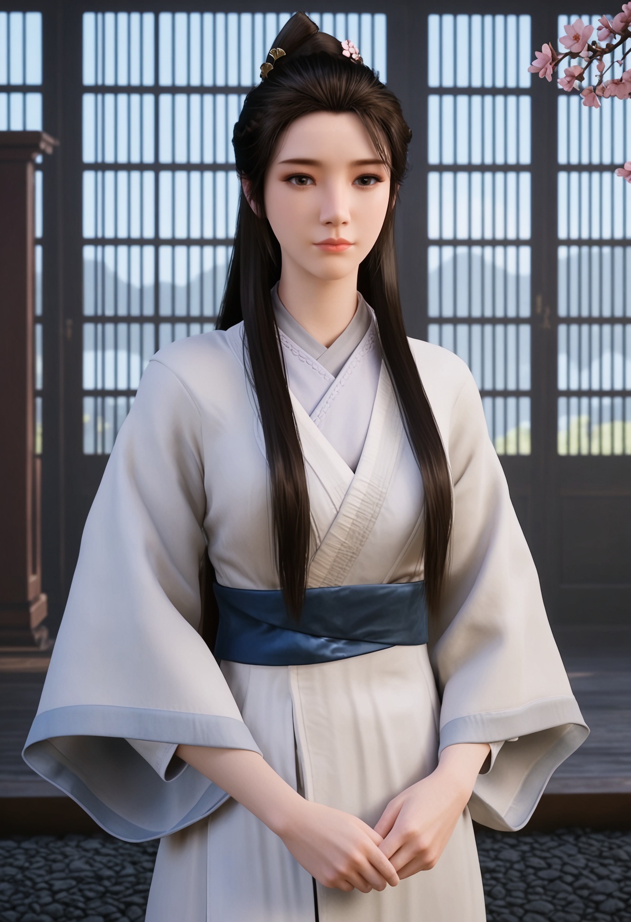 (cowboy shot:1.2),(looking at viewer:1.1),masterpiece,(best quality),smog,Dark room,dim lighting,peach blossom,falling petals,<lora:YQ_Illustrious光辉v5_辛如音_V1:0.8>,q1528437228,1girl,solo,long hair,chinese clothes,hanfu,white dress,black hair,brown hair,hair ornament,brown eyes,sash,hair bun,hair flower,black eyes,braid,ponytail,forehead,jewelry,