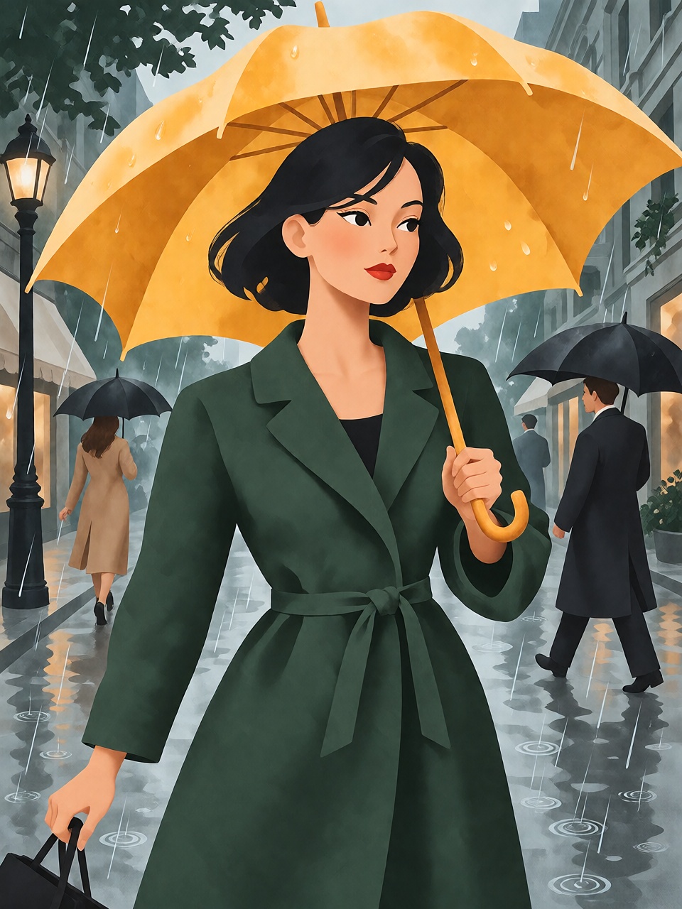 A young woman with a short black bob haircut holding a yellow umbrella on a rainy street,  stylized molded illustration,...