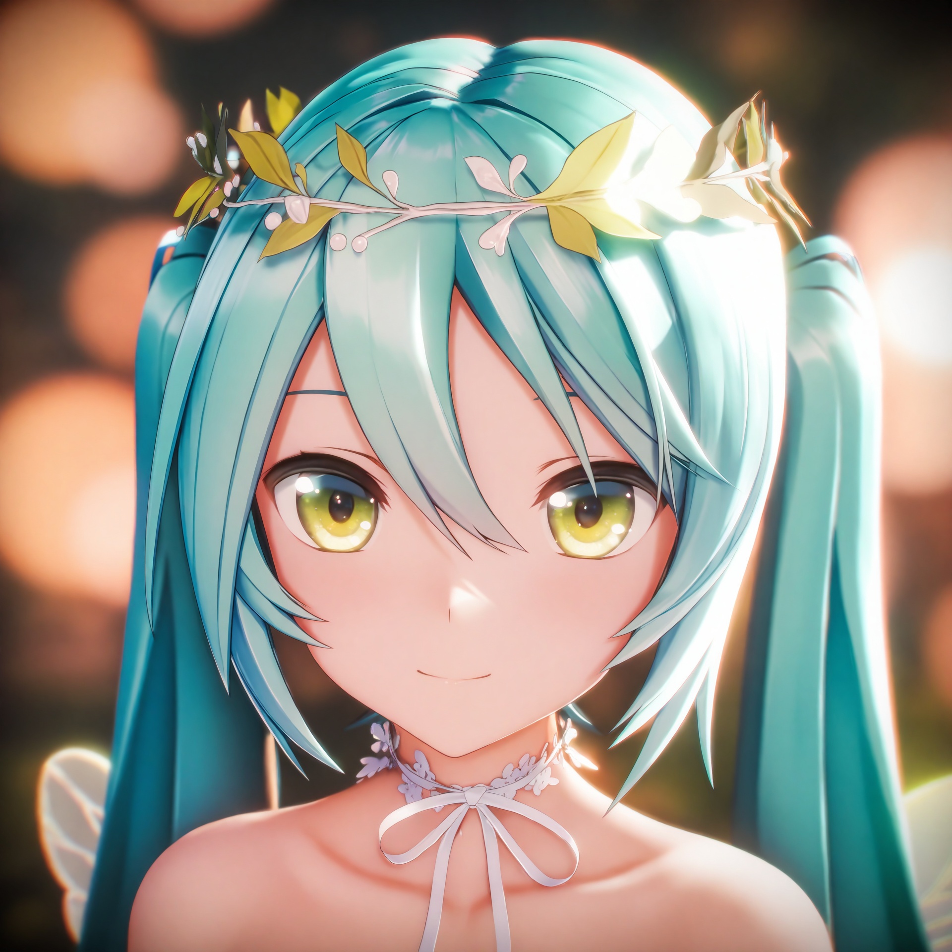 masterpiece,absurdres,best quality,loli,petite,high quality,chromatic_aberration,//,1girl,hatsune_miku,wings,solo,blurry,twintails,blurry_background,looking_at_viewer,aqua_hair,long_hair,bare_shoulders,head_wreath,bokeh,hair_between_eyes,depth_of_field,fairy_wings,choker,upper_body,green_eyes,closed_mouth,light_smile,hair_ornament,ribbon,yellow_eyes,collarbone,backlighting,flower_wreath,smile,transparent_wings,neck_ribbon,portrait,fairy,insect_wings,flower,blue_hair,glowing,hair_flower,ribbon_choker,white_ribbon,//,Depth of field,(colorful),hdr,Tyndall effect,depth of field,Tyndall Effect,blurry,blurry_background,depth_of_field,bokeh,glowing,//,<lora:MMDguangwuran6——【noob】hans:0.9>,