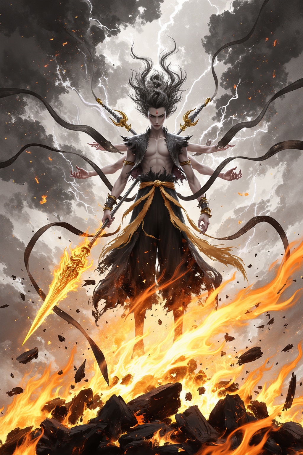 Chinese black and white ink painting,"***** Nezha standing on a battlefield surrounded by shattered rocks and broken weapons, with dark clouds and lightning filling the sky. Wearing dragon scale armor, wielding a fire-tipped spear and universe circle, showcasing a powerful three-headed and six-armed form. Wind fire wheels spinning beneath his feet, igniting flames. Surrounded by golden-red flames, the scene exudes a strong sense of power and mythical atmosphere."