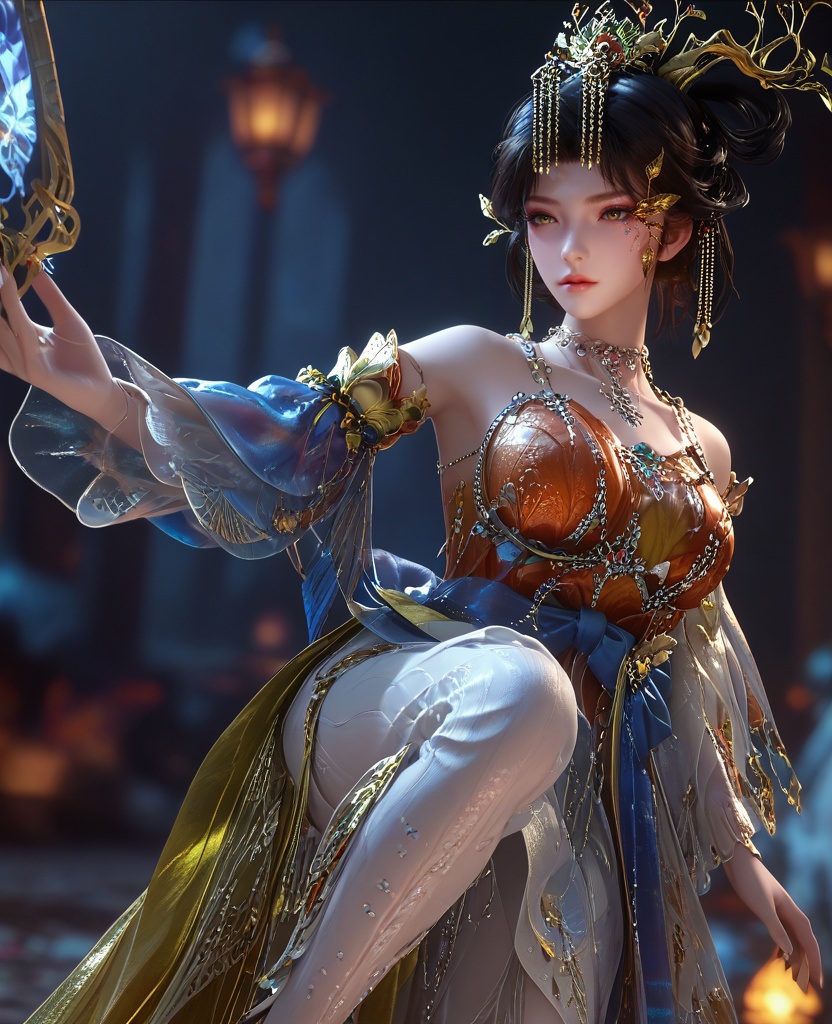 (Posing with one leg lifted, hands touching the lifted foot,:1.1),(large breasts:1.2),<lora:XL16云深不知梦羲和淬火令:0.95>,miss xihe,orange gown with white tulle skirt,yellow eyes,black hair,looped bun with tresses,hair ornament,jewelry,necklace,makeup,, score_9,score_8_up,score_7_up,score_6_up,score_5_up,score_4_up,3d rendering,tag1,tag2, Cinematic Lighting,backlighting,