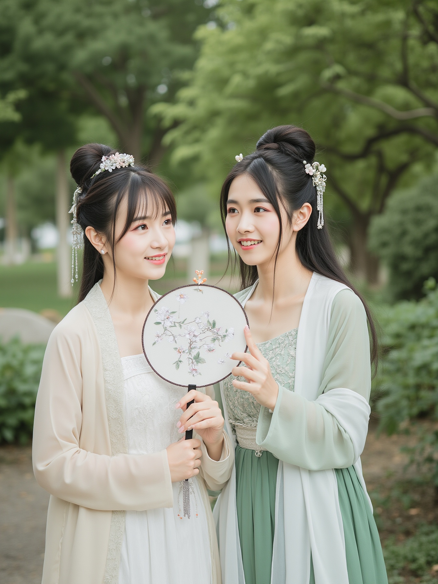 The photograph captures two young women in a serene, outdoor setting, possibly a garden or park. Both women are dressed in traditional Chinese attire, with one wearing a white dress featuring intricate embroidery and a sheer, beige overcoat. The other woman is dressed in a similar style but in a green dress with a white overcoat. Their attire is adorned with delicate floral patterns and elegant, flowing fabrics. Their hair is styled in elaborate updos, adorned with floral accessories and hairpins. The woman in white holds a traditional Chinese fan with a floral design, and the woman in green gently touches her cheek with a thoughtful expression. They are standing close together, exuding a sense of camaraderie and intimacy. The background features lush greenery, including trees and bushes, suggesting a tranquil, natural environment. The lighting is soft and diffused, enhancing the peaceful and serene atmosphere of the scene. The overall composition is elegant and harmonious, emphasizing the traditional beauty and grace of the women's attire and the serene, natural surroundings.