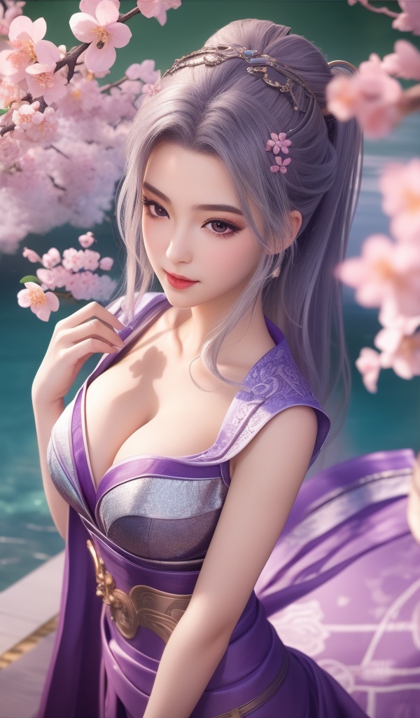 <lora:716-DA-师兄啊师兄-云霄-紫服:0.8>(,1girl, ,best quality, ),looking at viewer,  ,ultra detailed background,ultra detailed background,ultra realistic 8k cg,, ,masterpiece, (( , )),, ,   plum blossoms,    ,,  (cleavage), (), ,,