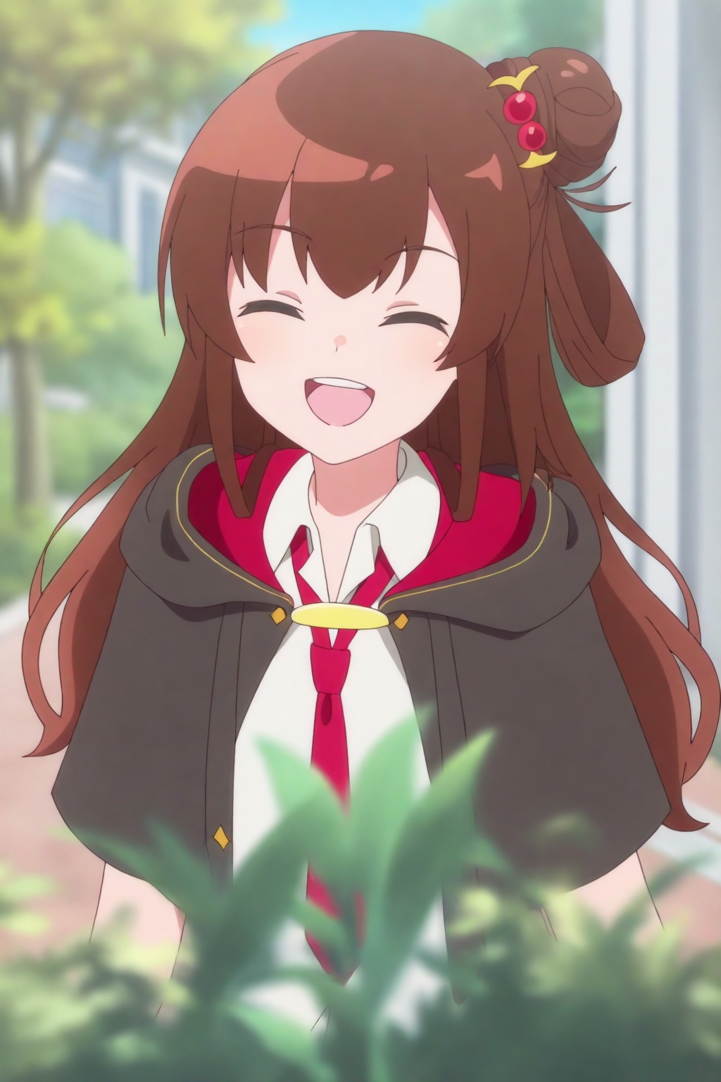 Megu Razuberī,Megu Razuberī,1girl,brown hair,necktie,solo,closed eyes,shirt,smile,open mouth,hair bun,long hair,facing viewer,white shirt,hair ornament,outdoors,red necktie,virtual youtuber,collared shirt,blurry background,upper teeth only,upper body,teeth,school uniform,blurry,