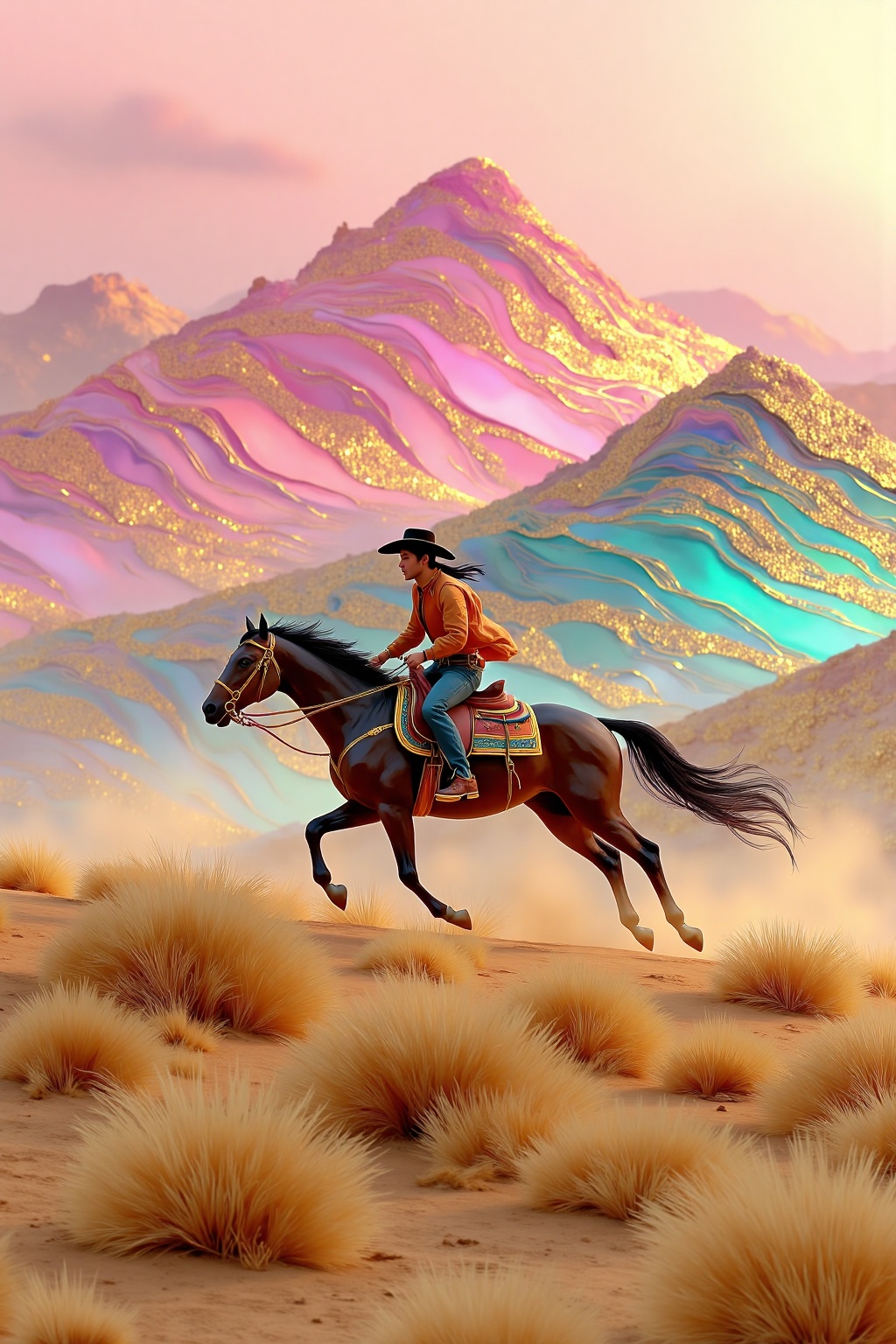 beijihui,a man in a black cowboy hat and blue jeans is riding a dark brown horse. The horse is running on a dirt path that is surrounded by tall dry grasses. In the background, a mountain range is adorned with a pink hue, adding a pop of color to the scene. The sky is a pale pink, with a few wispy clouds in the air.