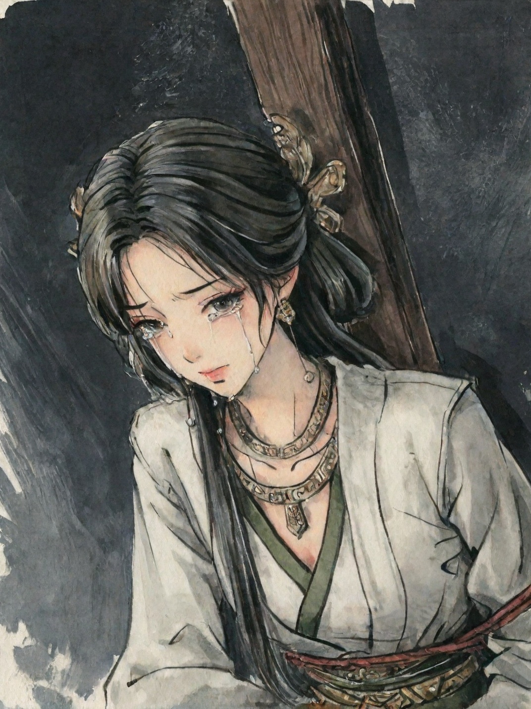 ((very awa)),solo,highly detailed,(best quality),((masterpiece)),1girl,chi,<lora:鸽正则nbXL:0.2>,ge,<lora:chi正则100nbXL:0.8>,traditional media,painting \(medium\),watercolor \(medium\),looking_at_viewer,<lora:梅凝nbXL:0.8>,meining,jewelry,hair ornament,black hair,necklace,long hair,earrings,rope,bound arms,crying,tears,