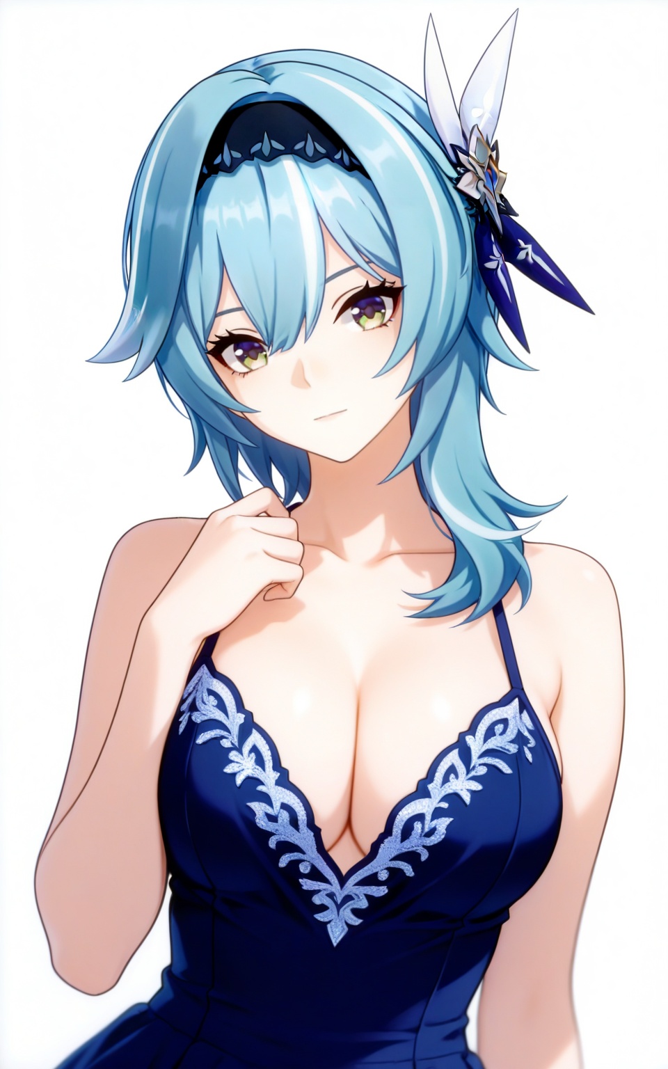 depth of field,masterpiece,best quality,very aesthetic,alternate costume,alternate costume,2024,2023,perfect composition,ultra-detailed,extreme aesthetic,masterpiece,best quality,good quality,newest,year 2024,year 2023,very aesthetic,absurdres,looking_at_viewer,colorful,white_background,simple background,upper_body,dress,<lora:优菈·衣服百搭款ILL:0.8>,eula \(genshin impact\),blue hair,medium hair,hair on shoulers,yellow eyes,black hairband,hair_ornament,hair between eyes,