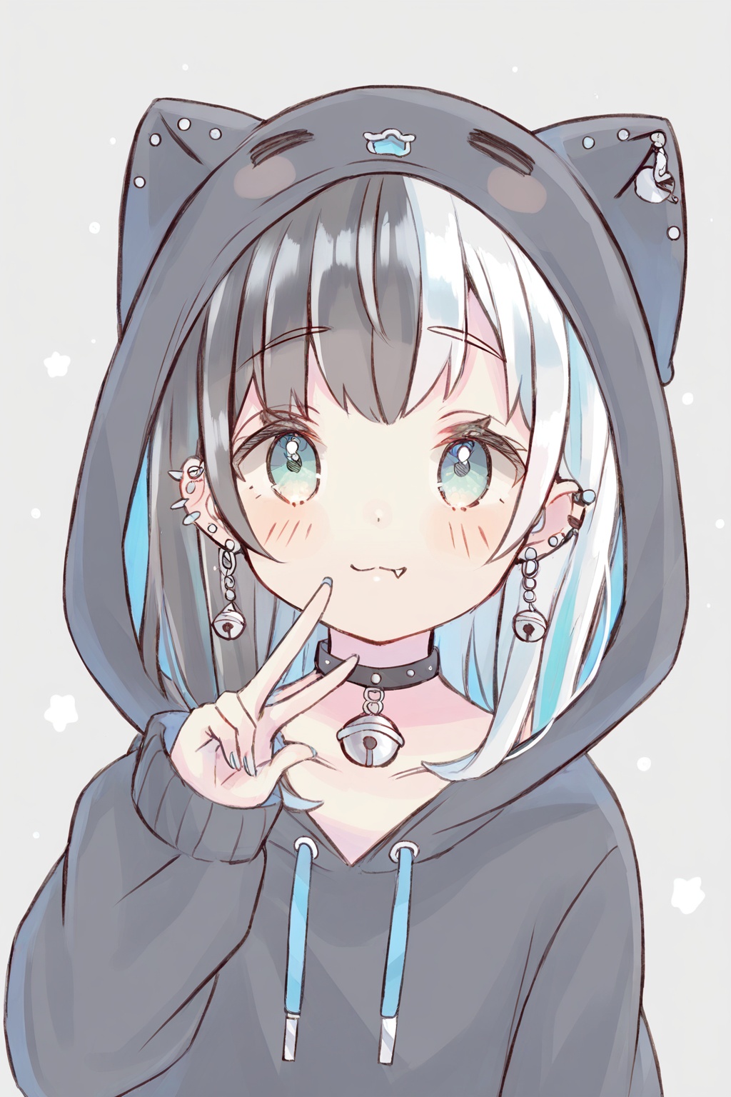 1girl,hood,multicolored hair,v,black hair,animal hood,white hair,solo,blue nails,cat hood,grey eyes,two-tone hair,hood up,bell,looking at viewer,hoodie,zipper,upper body,smile,nail polish,animal ears,:3,choker,earrings,long sleeves,long hair,piercing,grey background,ear piercing,jewelry,zipper pull tab,black hoodie,neck bell,simple background,fake animal ears,hand up,fang,closed mouth,black choker,<lora:fruitsrabbit-000060:1>,