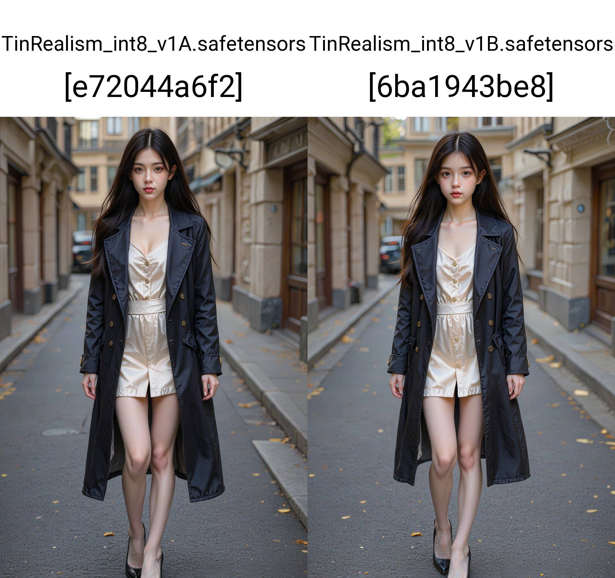 This is a photograph of an East Asian woman walking down a narrow,  urban street. She has long,  straight black hair that...