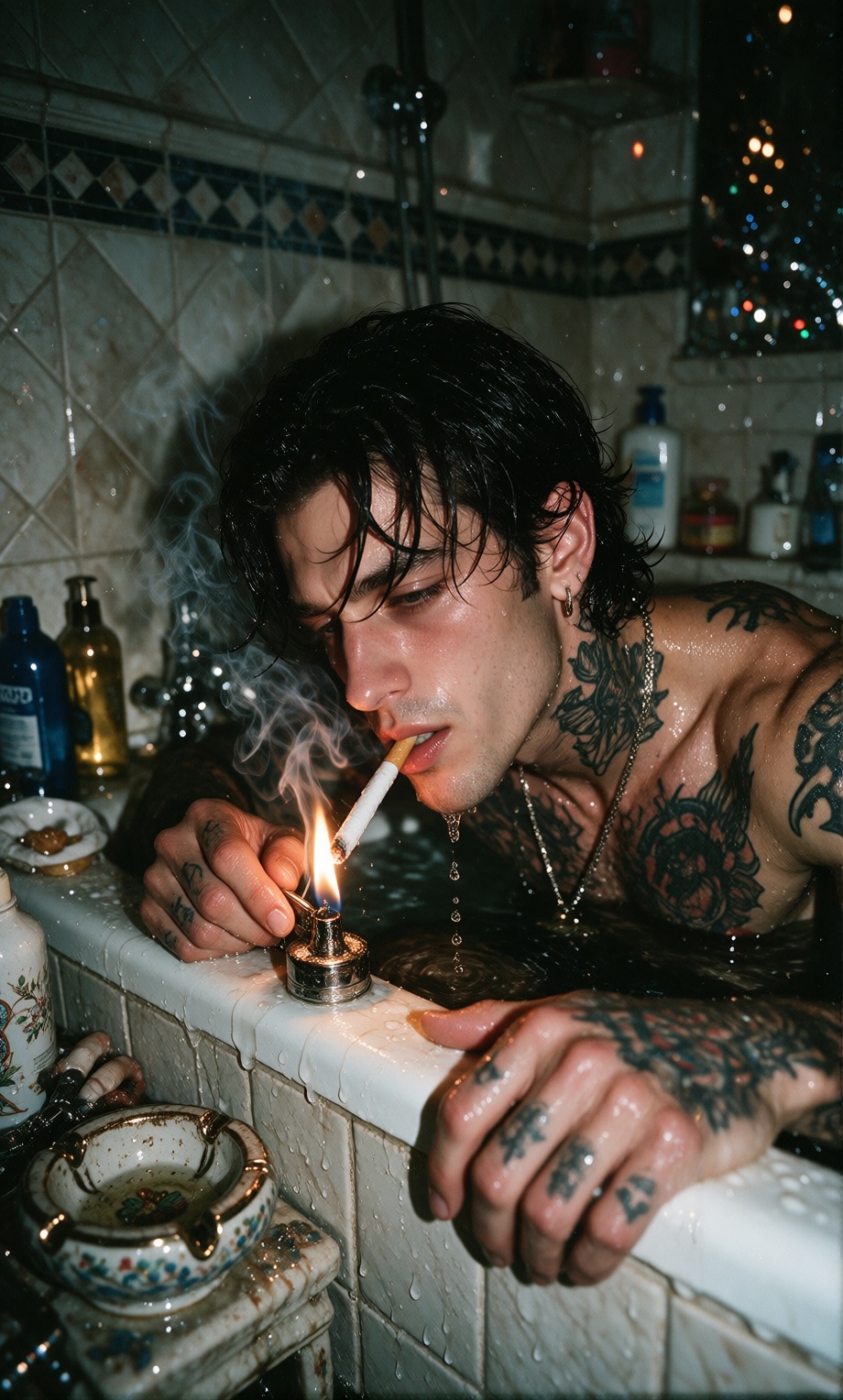 gritty early-2000s candid photograph,  shirtless tattooed man with wet black hair leaning forward in a bathtub,  lighting...