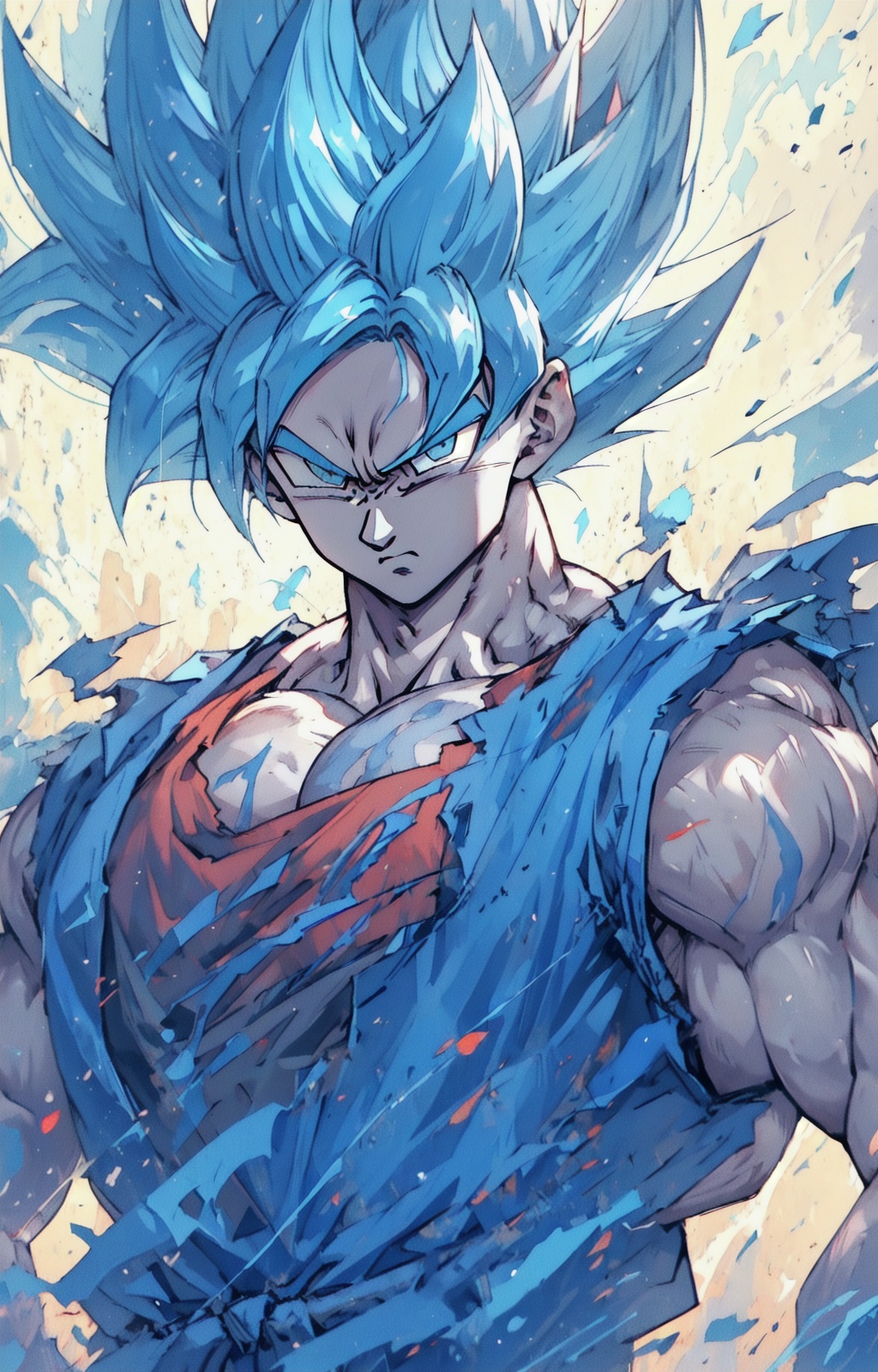 ((best quality)),masterpiece,((ultra-detailed)),illustration,8k wallpaper,((extremely detailed CG unity 8k wallpaper)),(extremely detailed eyes and face),huge filesize,game cg,songoku, 1boy, male focus, solo, muscular, spiked hair, torn clothes, clenched hands, looking at viewer, aura, muscular male, grey eyes, super saiyan, serious, closed mouth, pectorals, pants, abs, blue hair <lora:20240101-1704070704482:1>