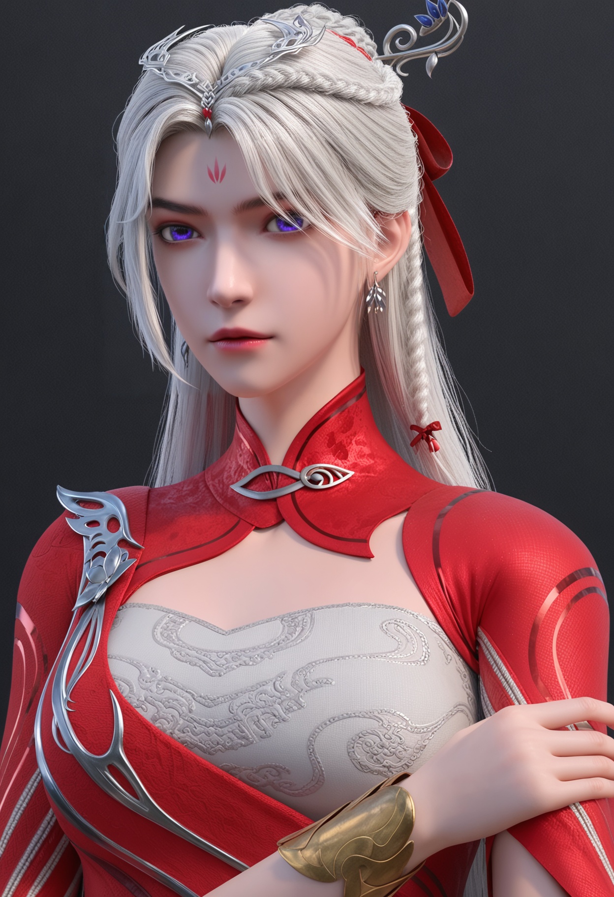 perfect_anatomy,score_9,(upper_body:1.1),looking_at_viewer,<lora:YQ_pony_chulinger_V3:0.8>,q1528437228,1girl,solo,long_hair,jewelry,white_hair,dress,hair_ornament,red_dress,earrings,forehead_mark,chinese_clothes,realistic,braid,purple_eyes,bracelet,clothing_cutout,ribbon,hair_bun,thighhighs,hair_ribbon,sash,blue_eyes,perfect_anatomy BREAK perfect_anatomy,simple background,black background,(shiny_skin),(Ivory_skin:1.1),(cinematic lighting),