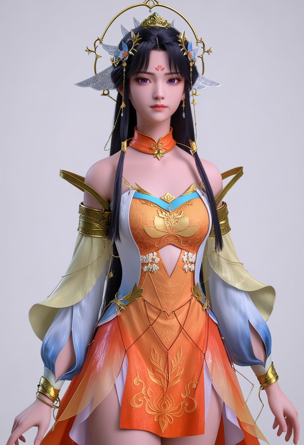 score_9,high detail,best quality,shiny skin,shiny,miaomiao,1girl,solo,purple eyes,black hair,hair ornament,long hair,dress,bare shoulders,white background,jewelry,detached sleeves,forehead mark,closed mouth,detached collar,simple background,earrings,orange dress,realistic,long sleeves,expressionless,bracelet,looking at viewer,thighs,<lora:QQSponymiaomiaoV1:0.8>,<lora:Pony_DetailV2.0:0.8>,<lora:皮肤凹痕:0.1>,