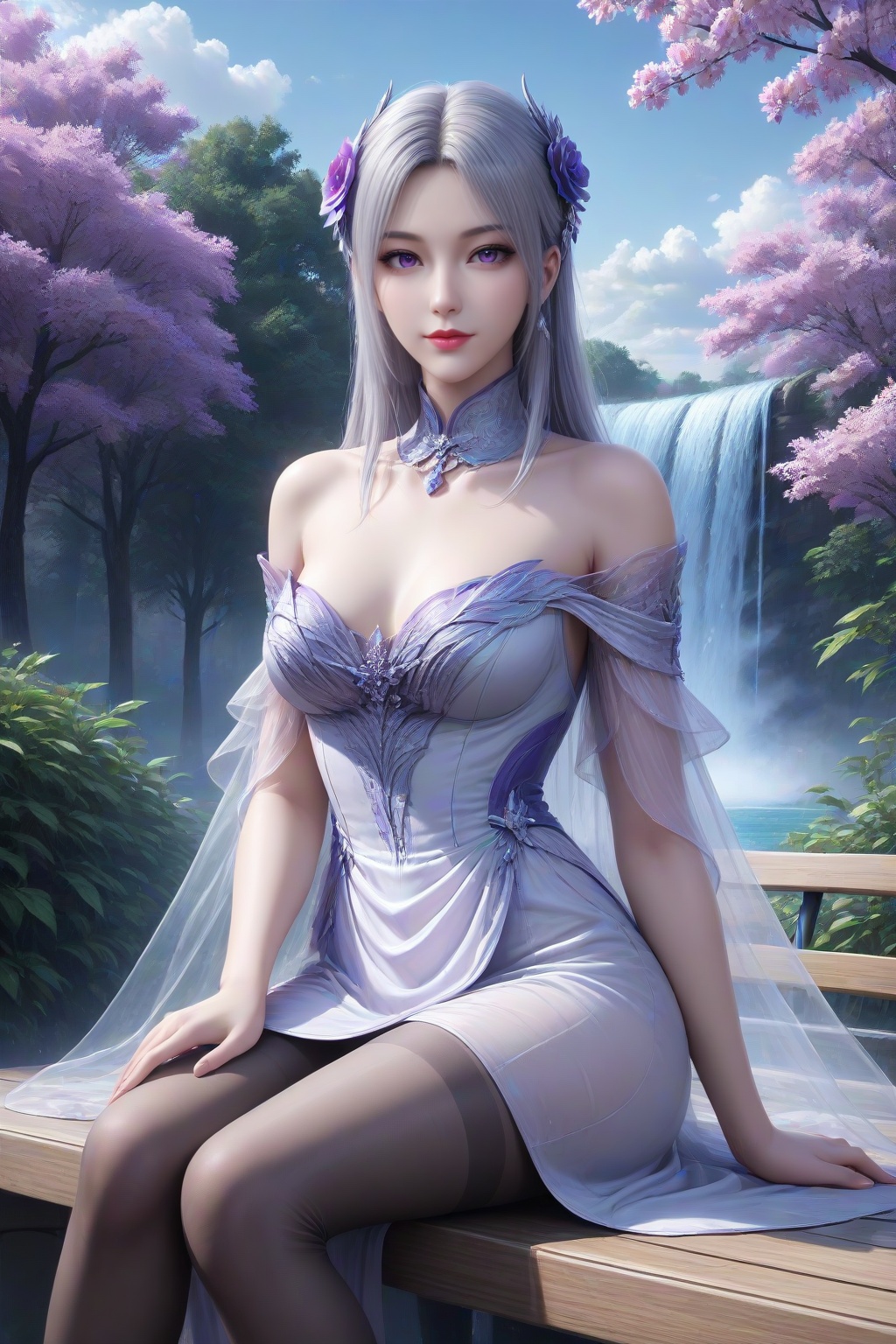 <lora:xiaoyixian_v3:0.4>,xiaoyixian,1girl,solo,hair ornament,hair flower,closed mouth,nose,lips,lipstick,purple eyes,masterpiece,highres,absurdres,best quality,8K,high-res detailed,dress,white dress,purple dress,detached collar,bare shoulders,jewelry,pantyhose,black pantyhose,looking at viewer,sitting,(outdoors,day,waterfall,sky,cloud,park,park bench,lamppost,),(cowboy shot:1.2),shiny legwear,shadow,outdoors,wall,sky,blue sky,cloud,<lora:Cleavage Slider_alpha1.0_rank4_noxattn_last:-1>,