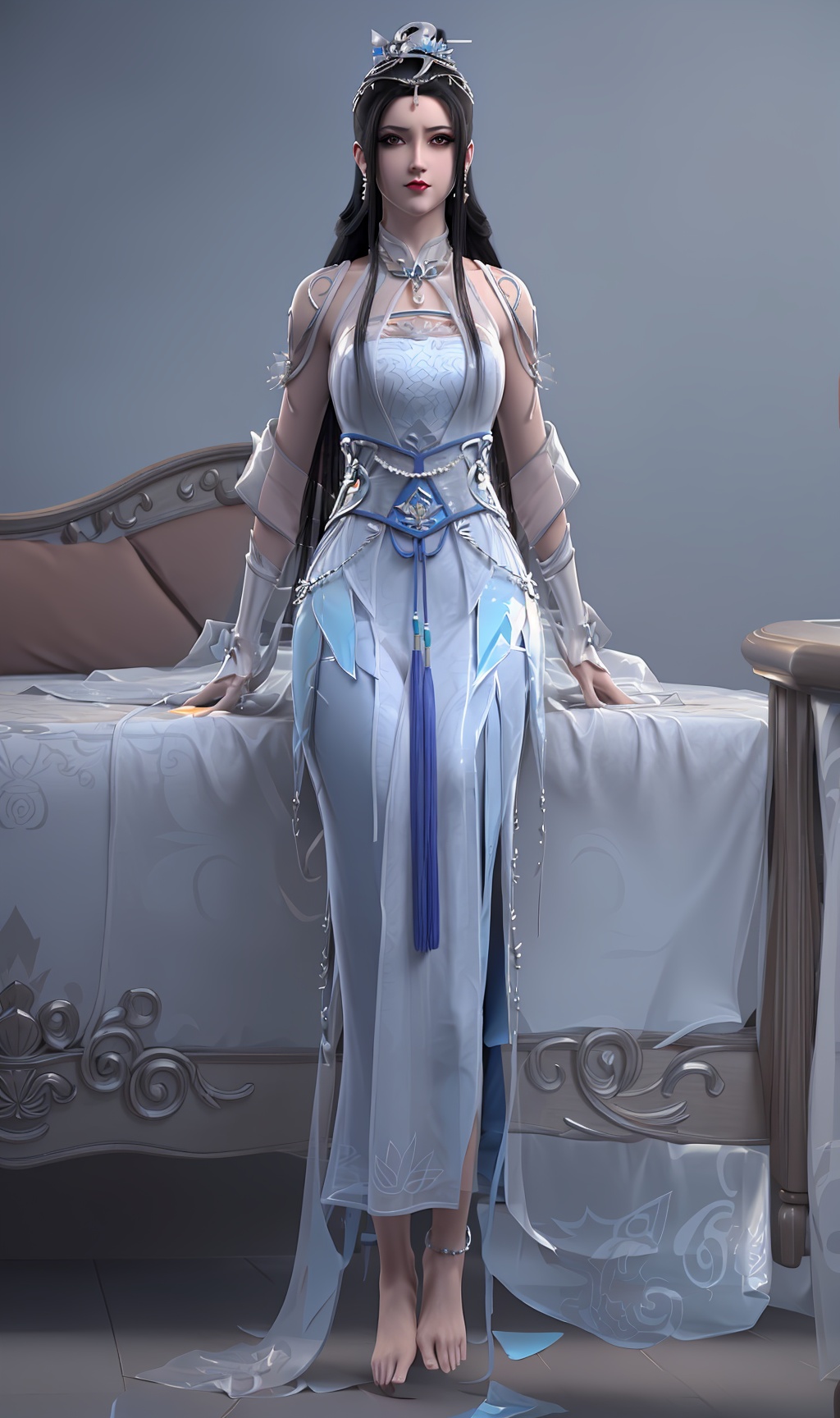 3D,masterpiece,(best quality),(makeup),official art, extremely detailed cg 8k wallpaper,((crystalstexture skin)), (extremely delicate and beautiful),(highly detailed),(face),(headdress),(1girl), (solo), (jewelry), (earrings),(black_hair),(long_hair),(hair_ornament),(handwear),(silk_ribbon),(breast),(wristband),(sitting),,,((full_body,whole_body)),(long_dress,long_skirt),(chinese_clothes),(multicolored_clothes),(multicolored_dress),(shiny_clothes:),(long_legs),((closed_mouth)),(sunshine, outdoor,bed),((looking_at_viewer)),((Facing the camera)),(barefoot), (anklet),, <lora:hipoly3DModelLora_v10:0.3>